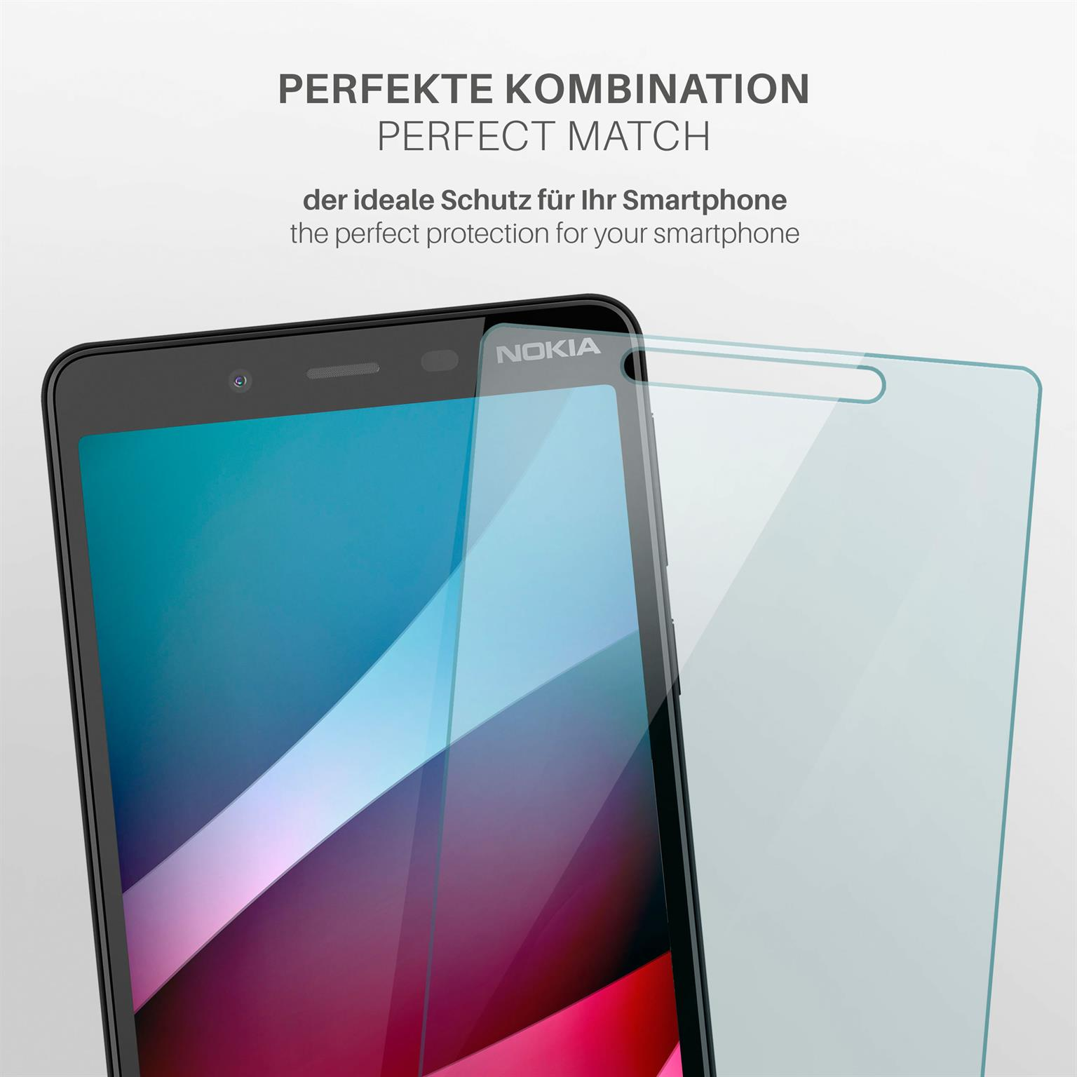 Ein Telefon mit Displayschutz und schwarzem Gehäuse. Der Bildschirm zeigt eine farbenfrohe Grafik, Nokia-Logo sichtbar.