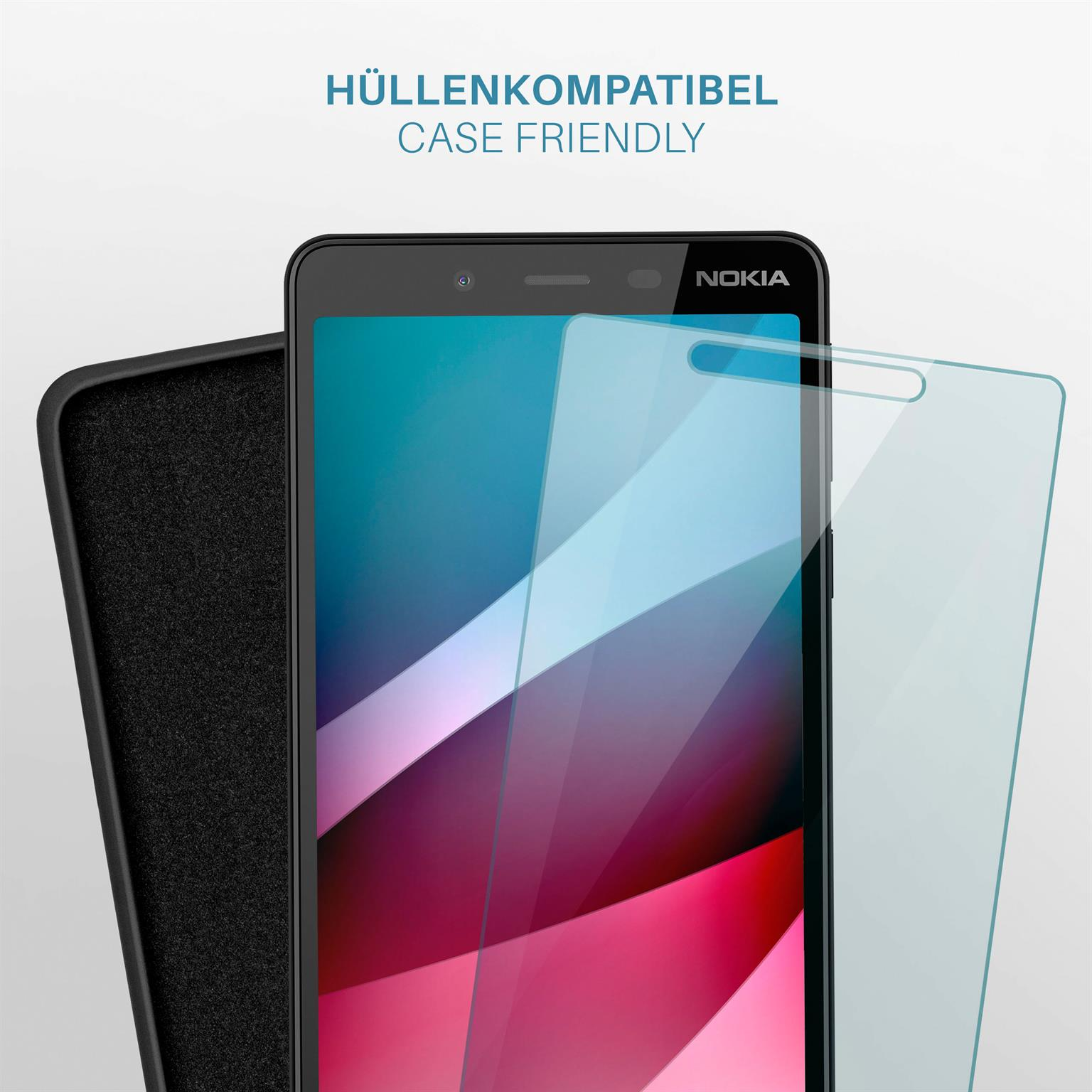 Ein Telefon mit Displayschutz und Hülle, wobei die Hüllenkompatibilität hervorgehoben wird.