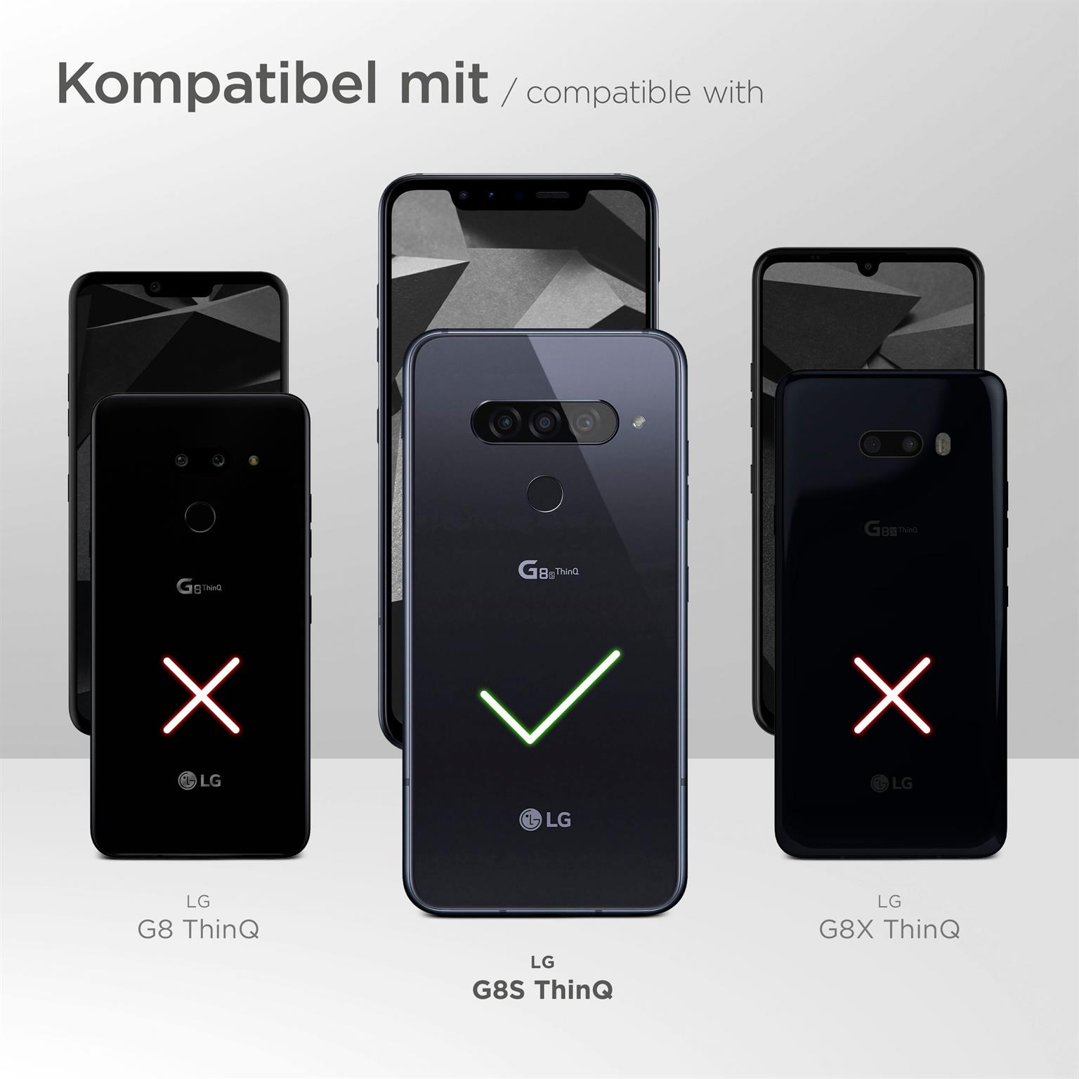 Bild zeigt Kompatibilität. Einige Telefone haben ein X, andere ein Häkchen. LG G8S ThinQ ist kompatibel.