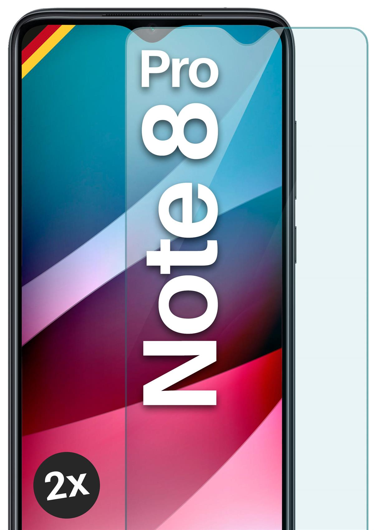 Handy-Displayschutz mit Text "Note 8 Pro". Rechts ein separater Bildschirm.