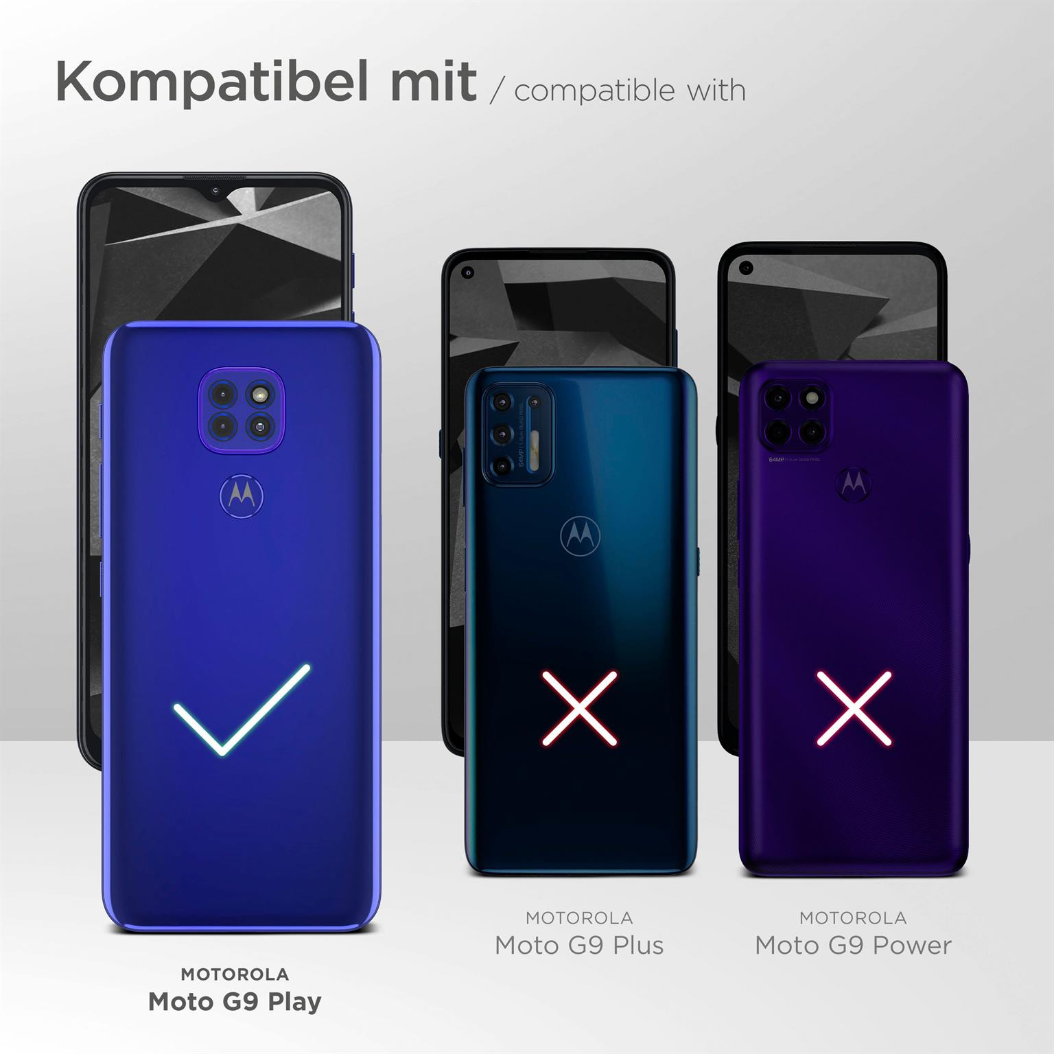 Bild zeigt Kompatibilität. Einige Telefone haben ein X, andere ein Häkchen. Motorola Moto G9 Play ist kompatibel.