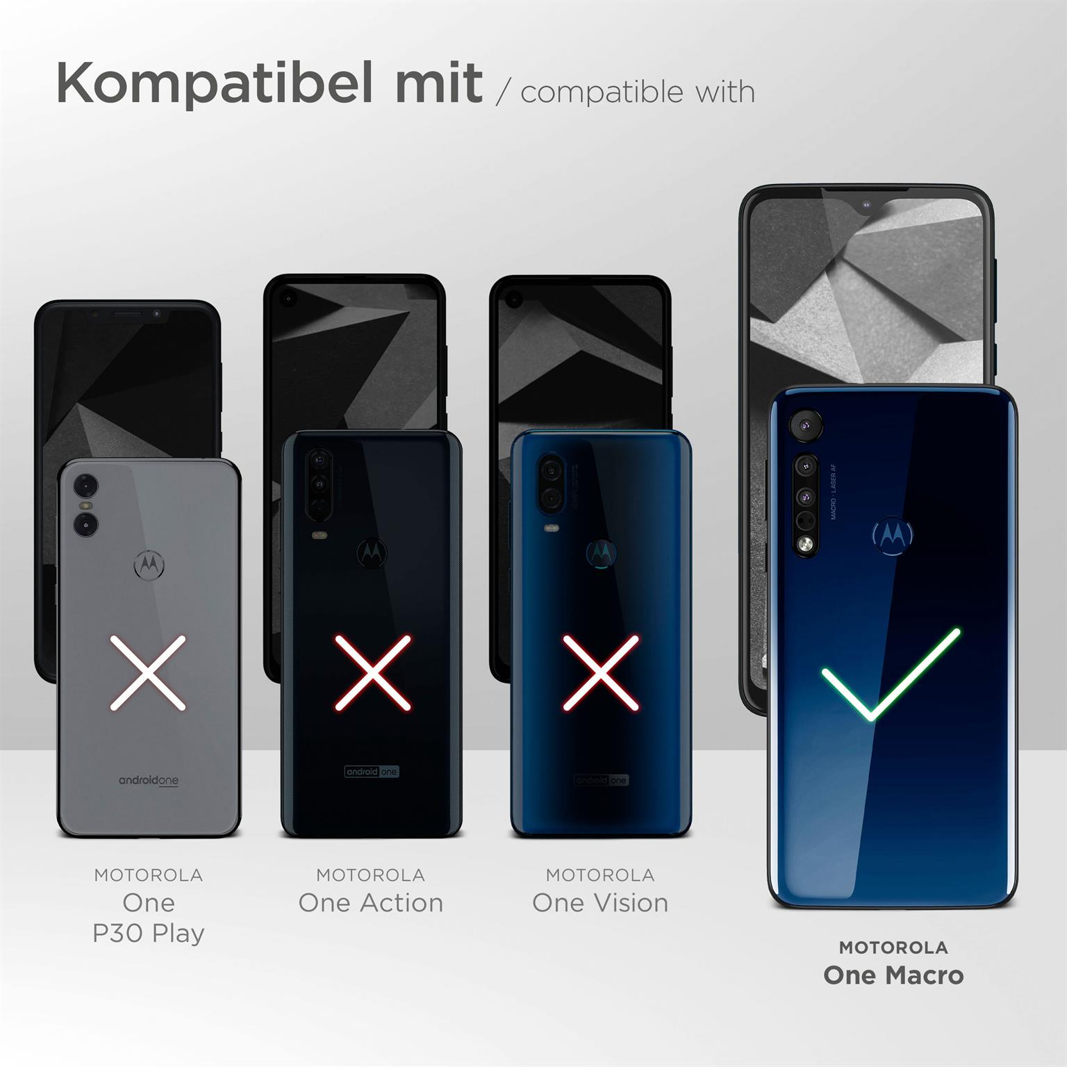 Ein Vergleich von Motorola-Telefonen. Nur das Motorola One Macro ist mit dem Displayschutz kompatibel.