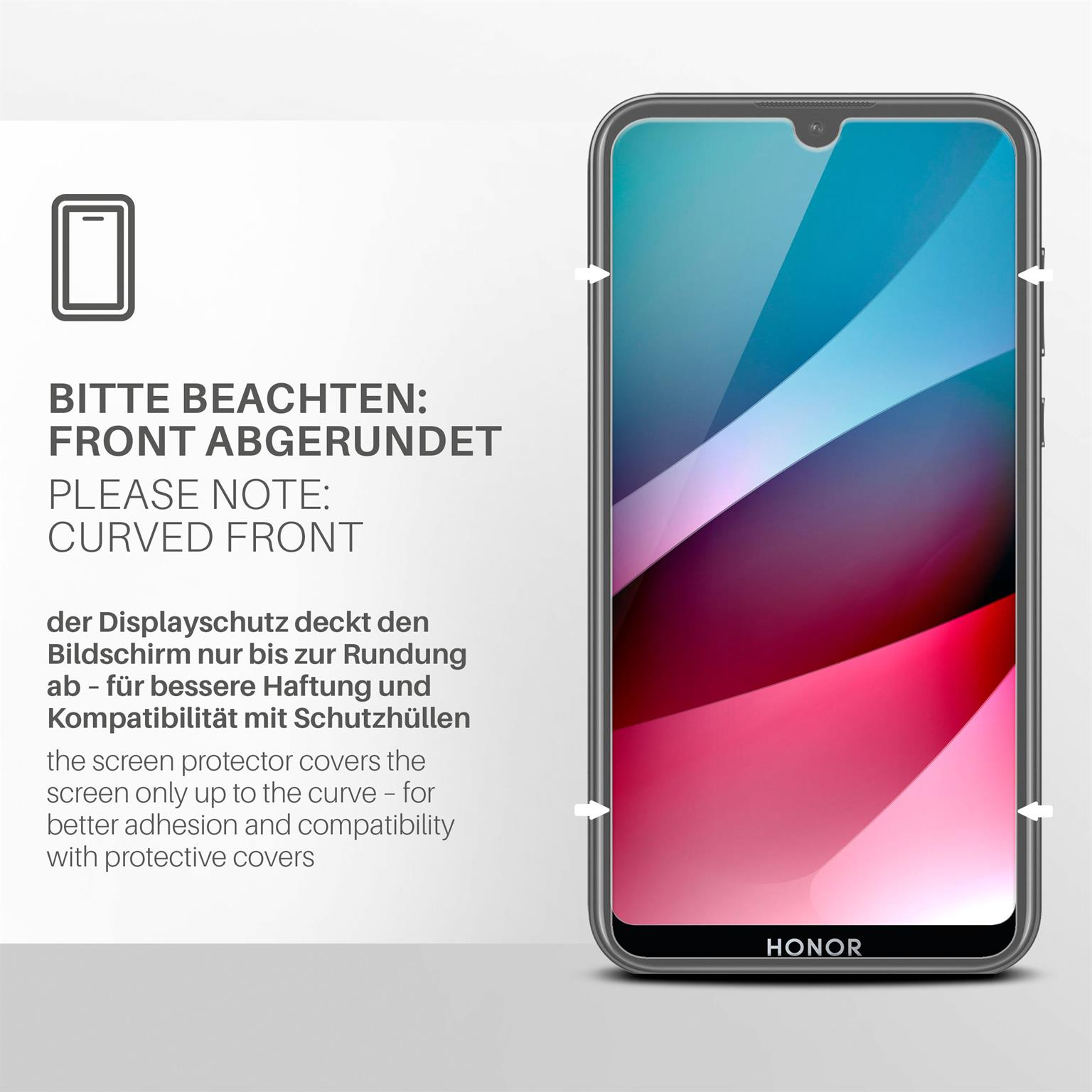 Telefon mit Displayschutzfolie. Text weist auf gewölbte Front und Bildschirmabdeckung hin.