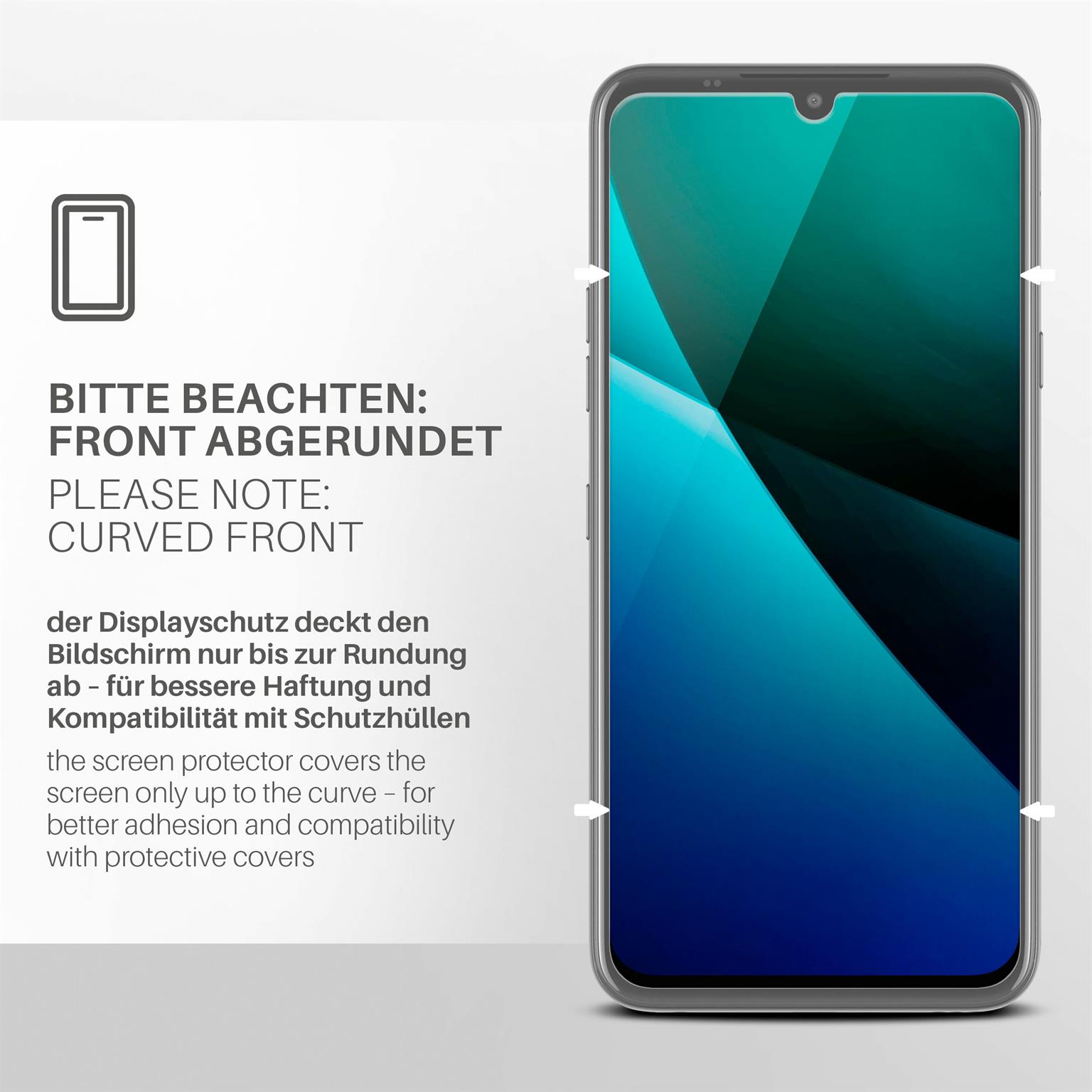 Handy-Bildschirm mit Displayschutz. Text: Abgerundete Front. Schutz nur bis zur Rundung für bessere Haftung.