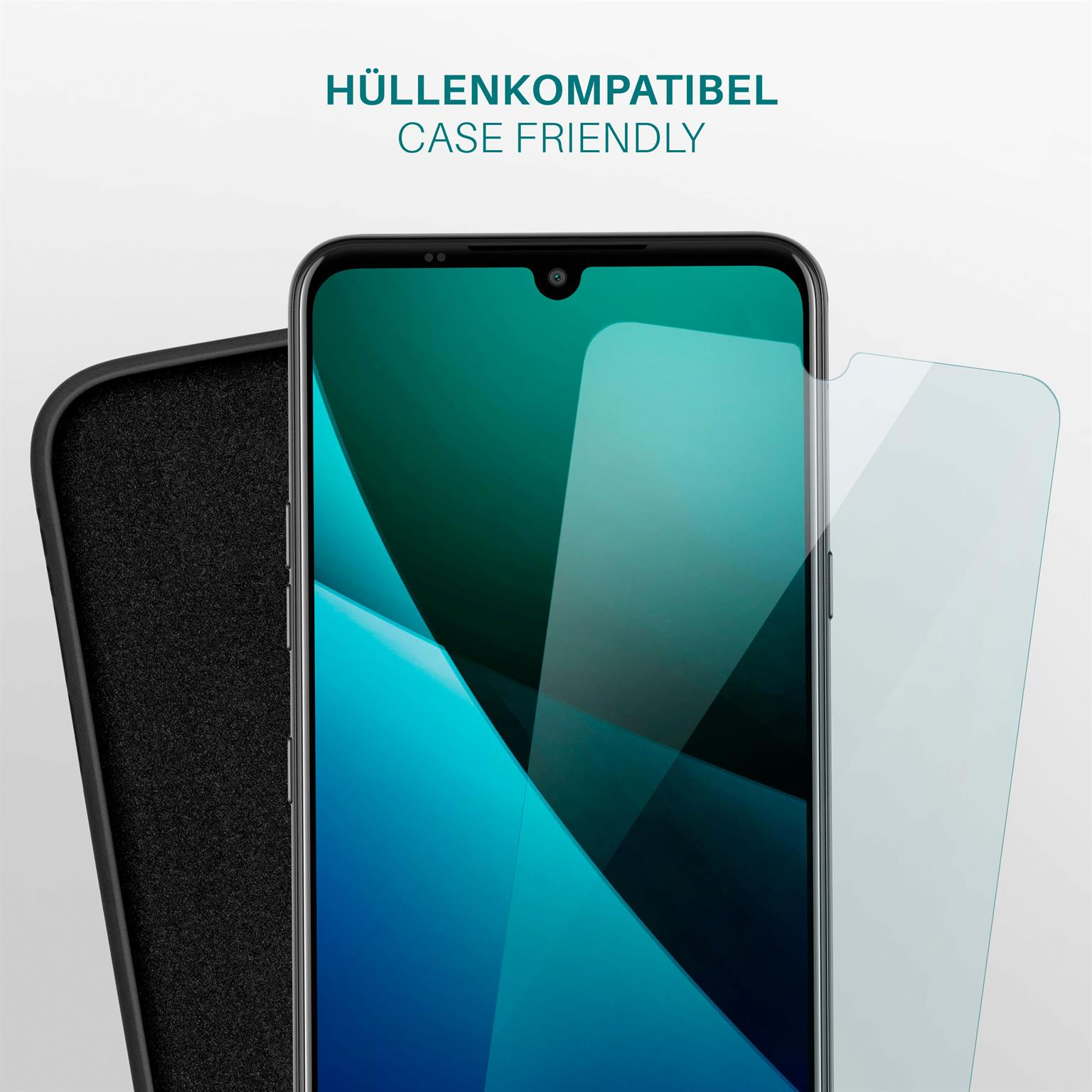 Telefon und Hülle, mit Displayschutz. Text: Hüllenkompatibel. Blauer Bildschirmhintergrund.