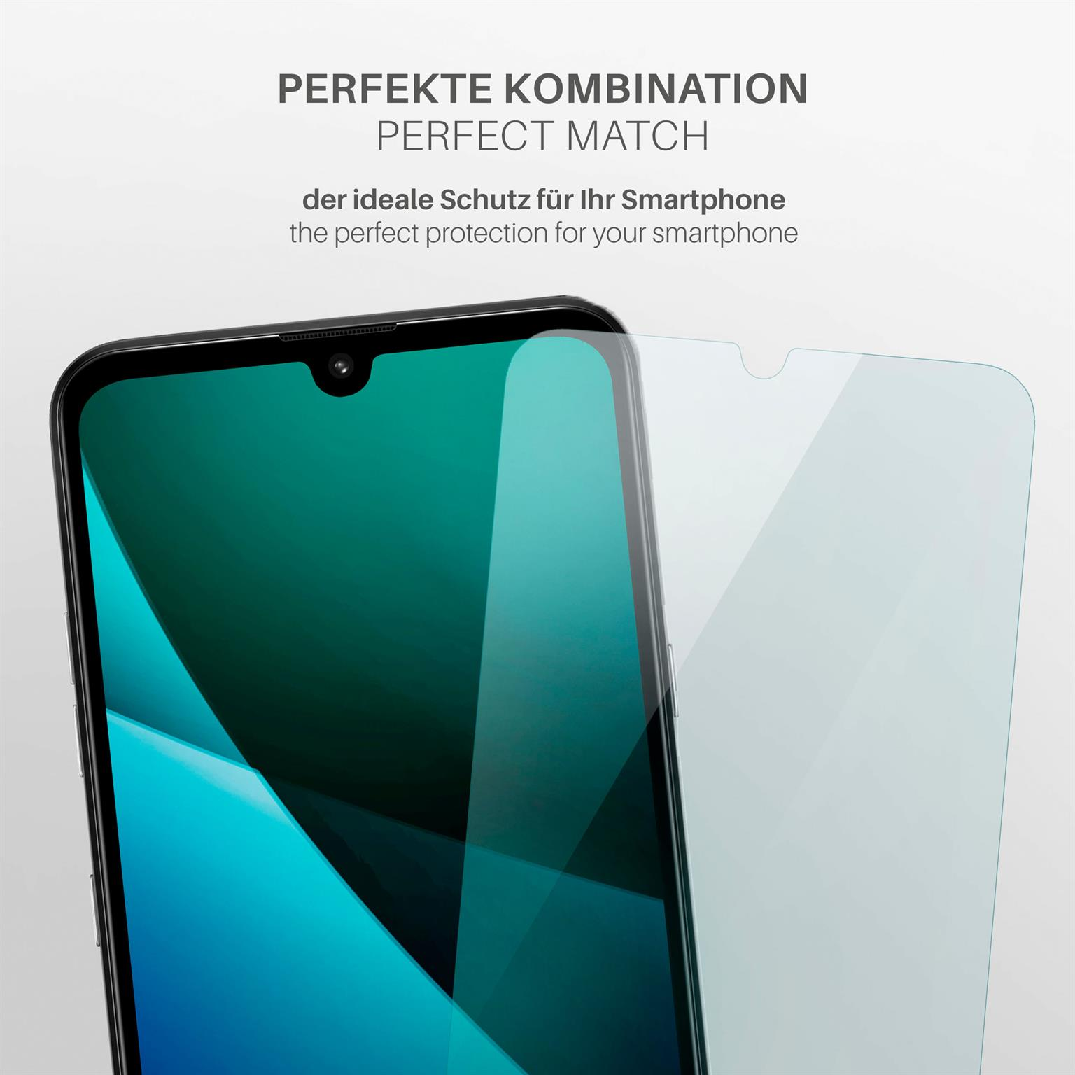 Telefon mit angebrachtem Displayschutz. Text: perfekte Übereinstimmung, perfekter Schutz für Ihr Smartphone.
