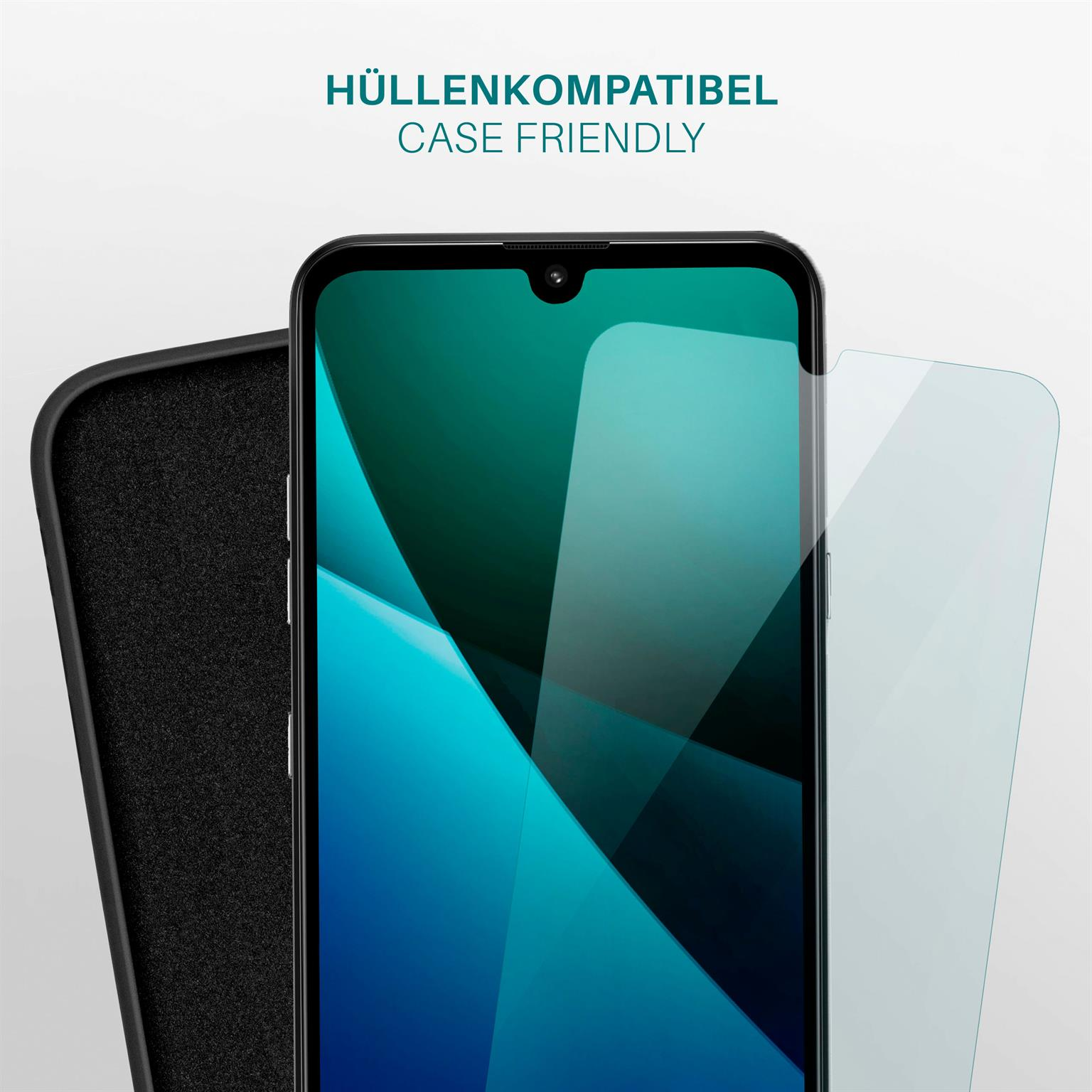 Telefon mit Hülle und Displayschutz. Text: Hüllenkompatibel.