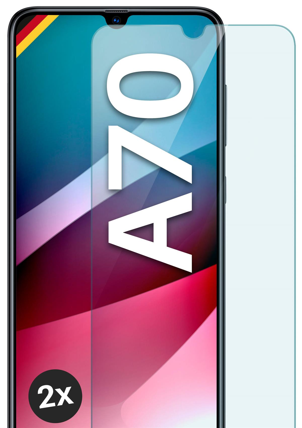 Telefon mit Displayschutz. Weißer A70-Text auf dem Bildschirm. Deutsche Flagge Ecke. Rosa und blauer Hintergrund.