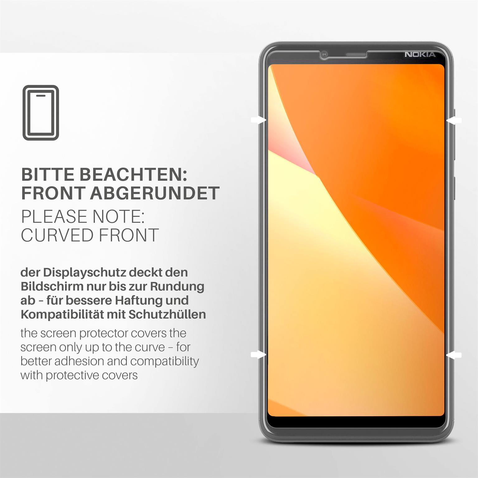 Telefon mit Displayschutz. Text: Bitte beachten: Abgerundete Front.
