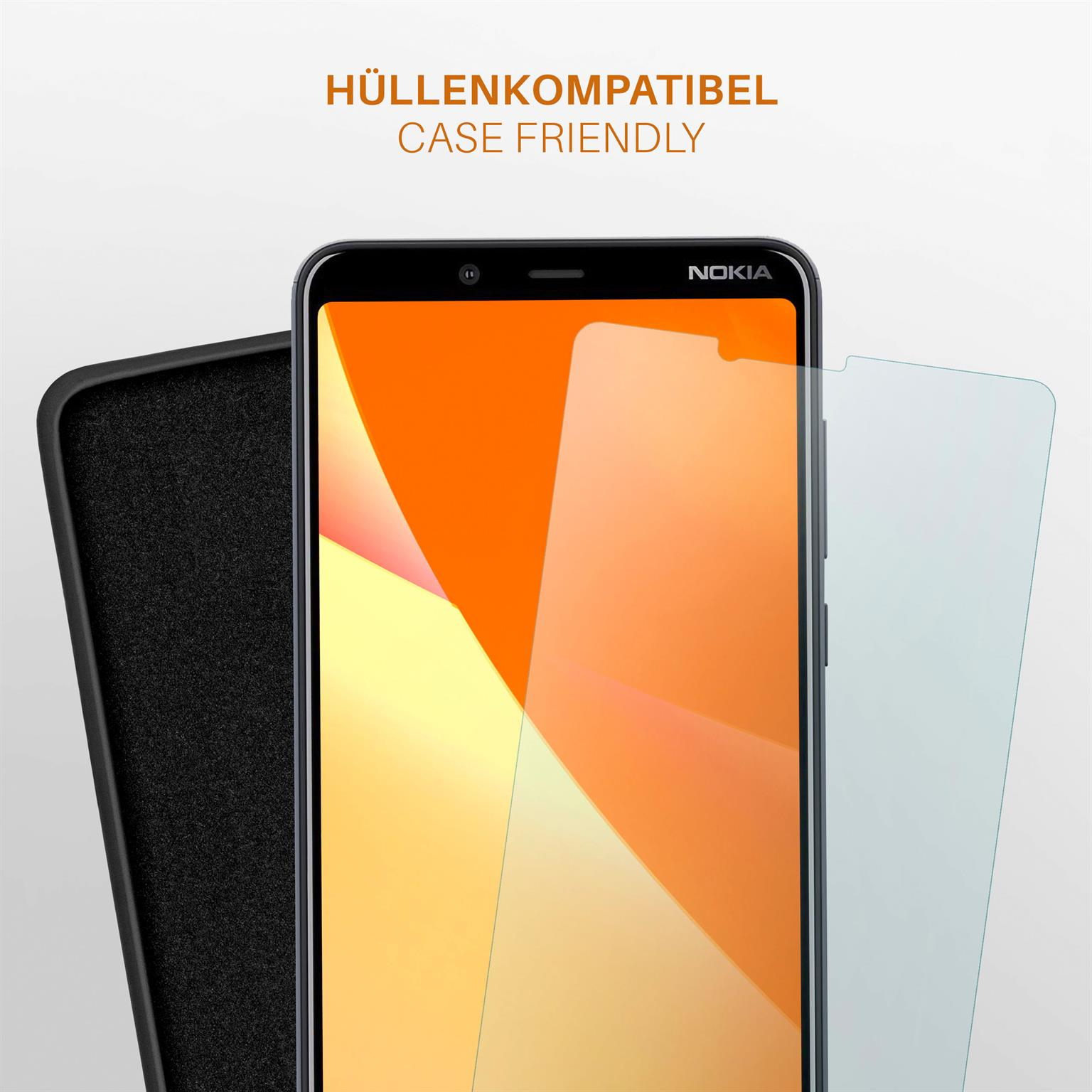 Ein Nokia-Telefon befindet sich neben einer schwarzen Hülle und einer Displayschutzfolie. Der Bildschirm zeigt einen Farbverlauf.