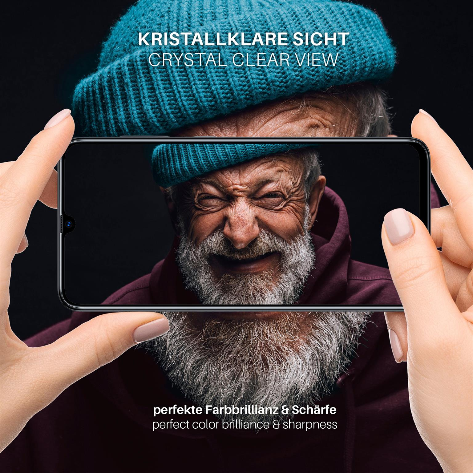 Telefon mit glücklichem, bärtigen älteren Mann mit blauer Mütze. Text: Kristallklare Sicht.