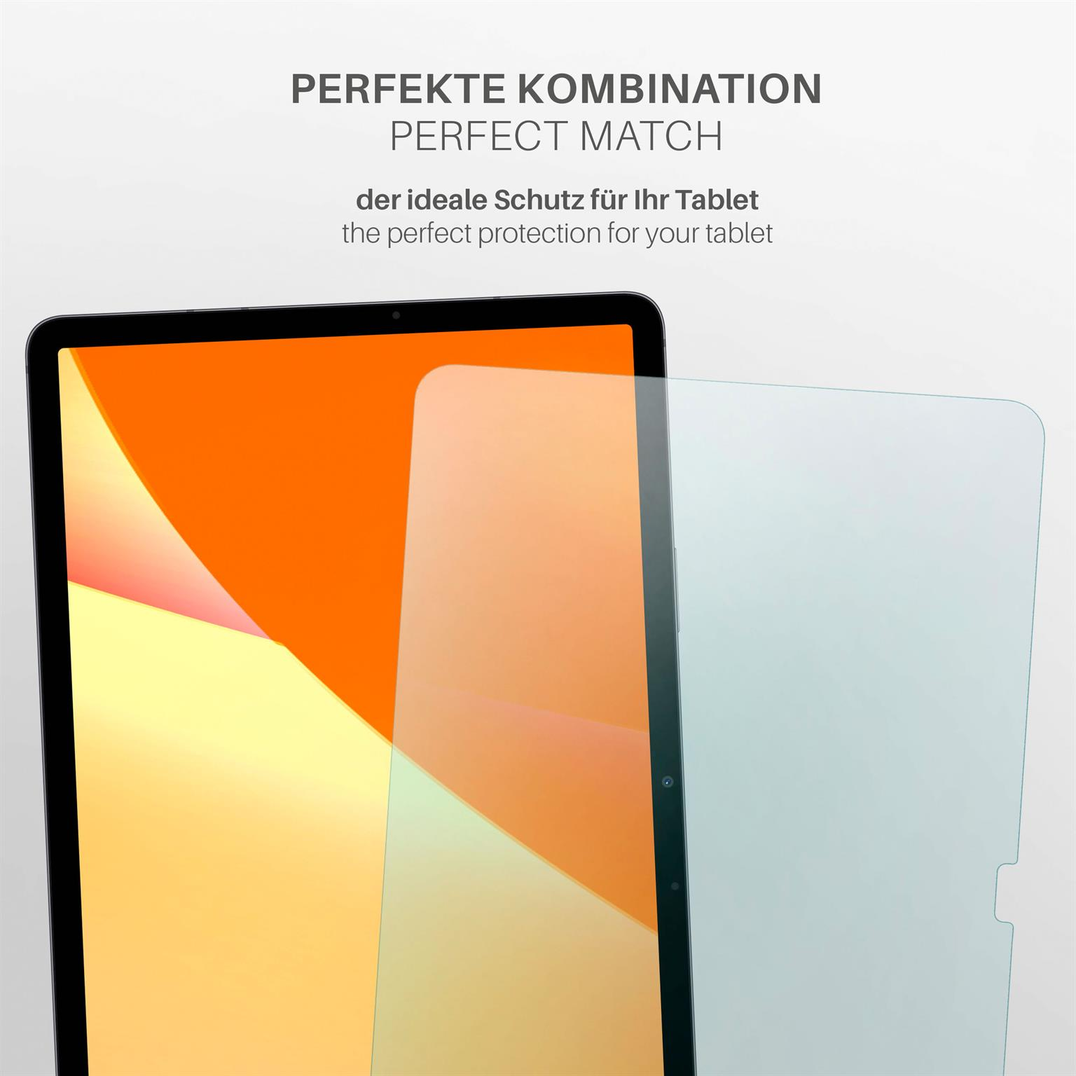 Tablet mit orangefarbenem Bildschirm und Displayschutz daneben, mit dem Text „perfekte Kombination“ darüber.