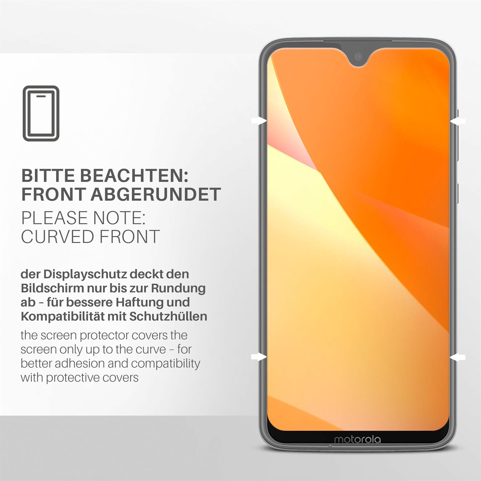 Telefon mit Displayschutz. Text: Gebogene Vorderseite, Displayschutz deckt bis zur Krümmung ab.