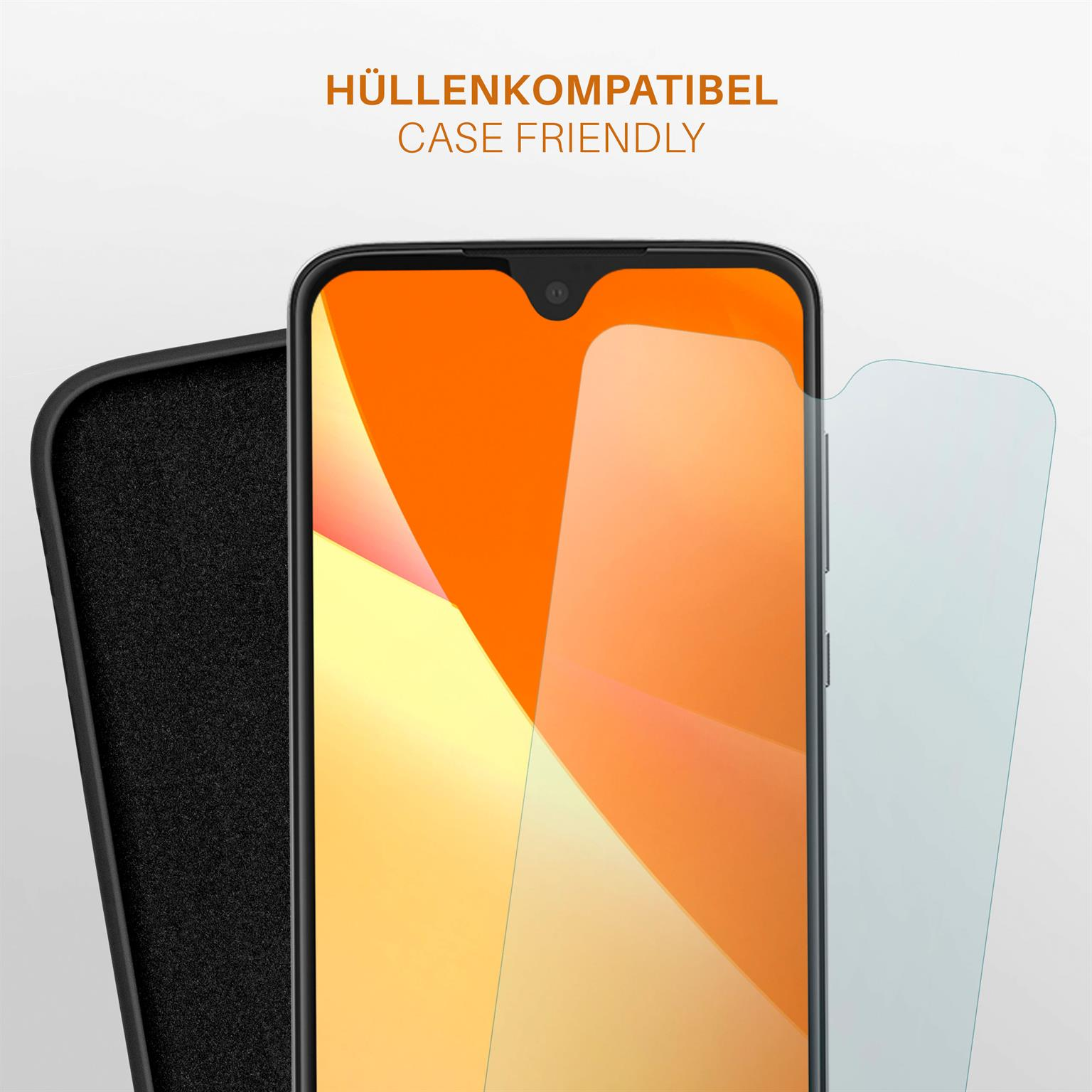 Ein Telefon mit Displayschutzfolie und Hülle, mit orangefarbenem Hintergrund im Telefon.