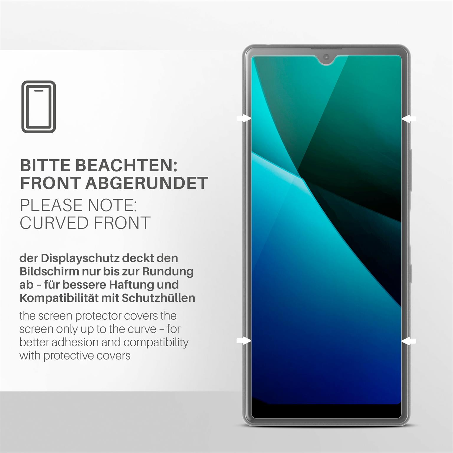 Smartphone mit angebrachtem Displayschutz. Text weist auf gewölbte Front hin.
