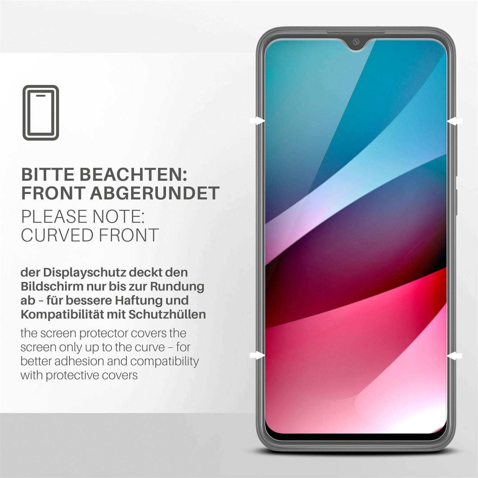 Ein Telefonbildschirm mit abgerundeter Front. Text erklärt, dass der Displayschutz die Kurve abdeckt.
