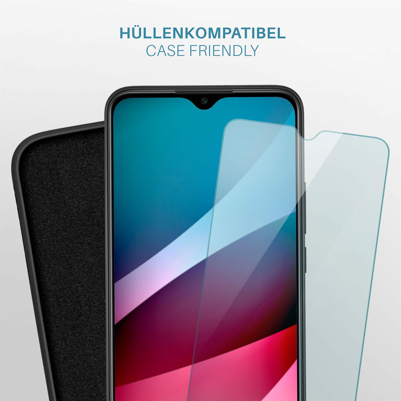 Ein Telefon mit Hülle, Displayschutz daneben, zeigt das gehäusefreundliche Design.