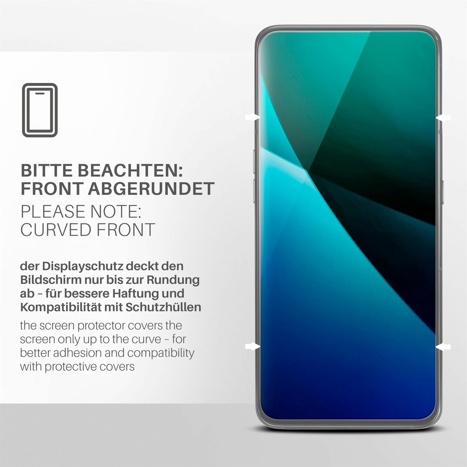 Bild eines Smartphones mit gebogener Front und Text zur Kompatibilität des Displayschutzes.