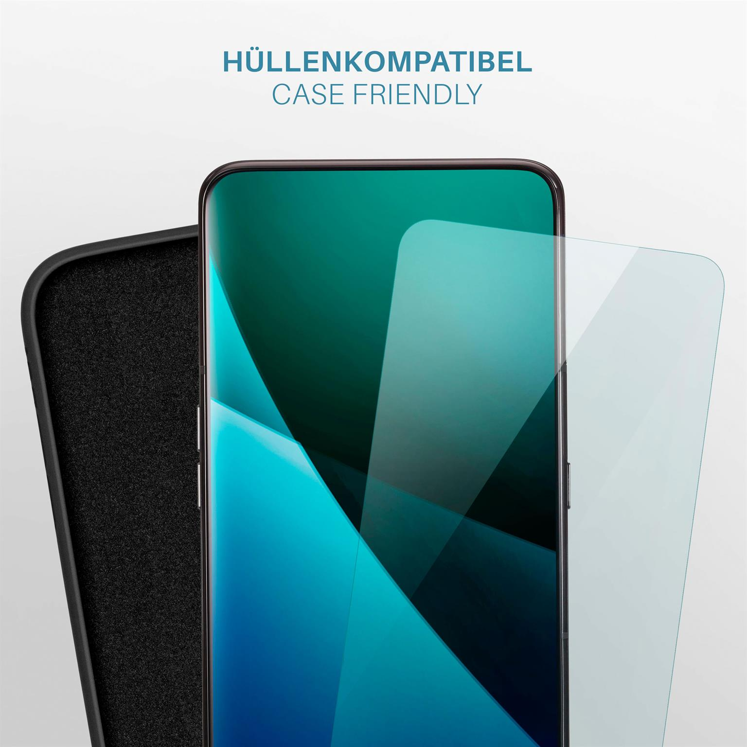 Telefonscreen mit Schutzfolie und Hülle. Text: Hüllenkompatibel.