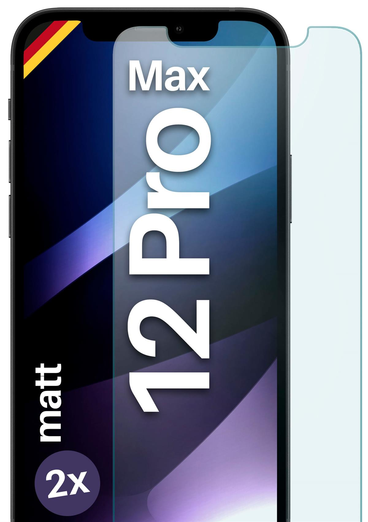 Ein Displayschutz auf einem Telefon. Auf dem Schutz steht 12 Pro Max. Der Hintergrund ist blau.