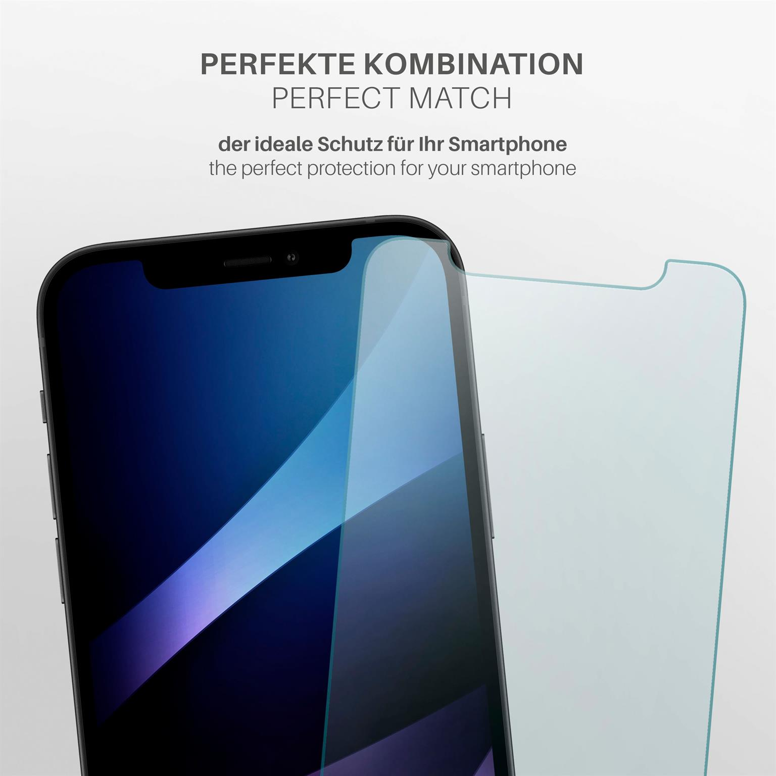 Smartphone mit angebrachter Displayschutzfolie. Die Displayschutzfolie ist teilweise sichtbar, mit einem blauen Farbton.