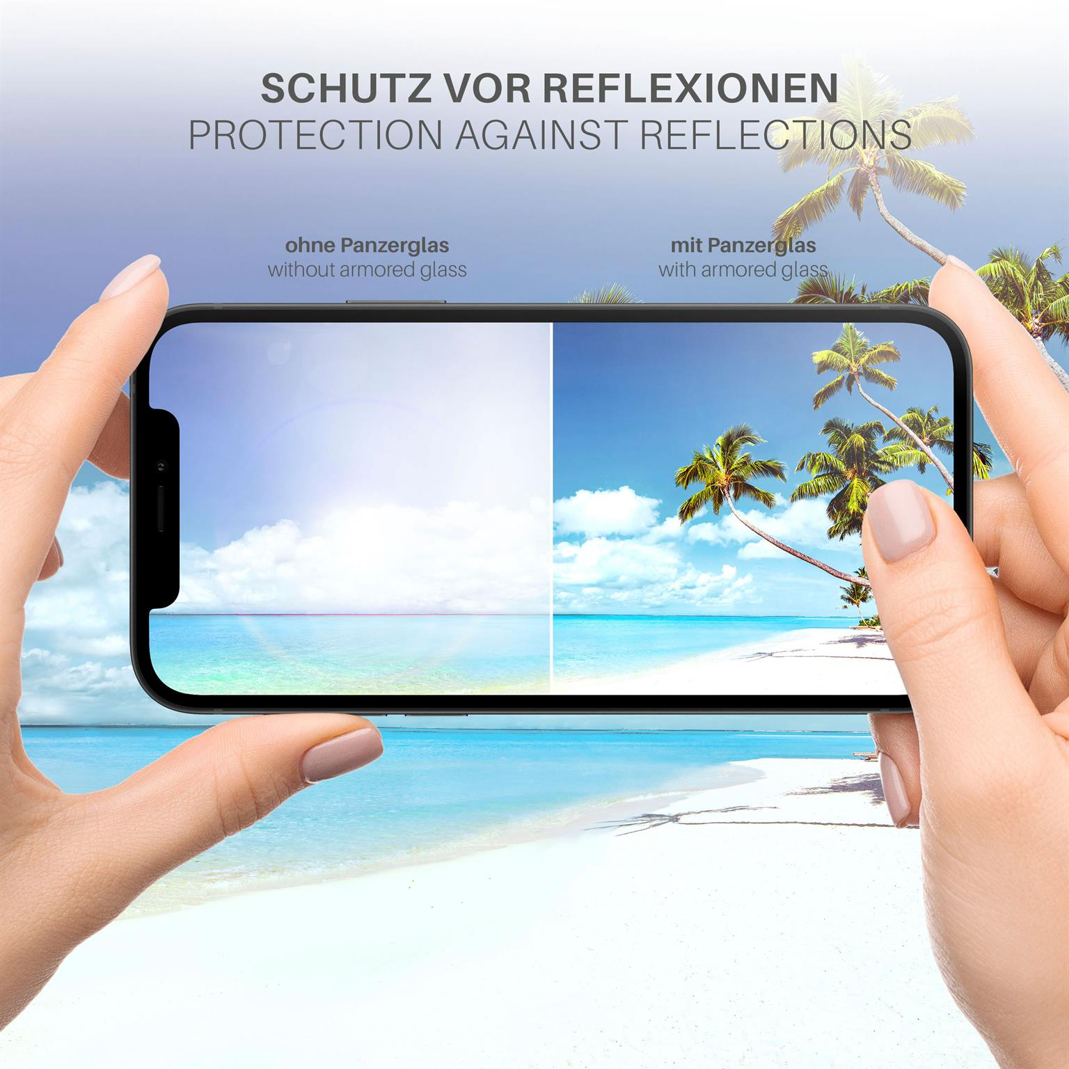 Ein Telefon zeigt eine Strandszene, mit und ohne Displayschutz. Text: Schutz vor Reflexionen.