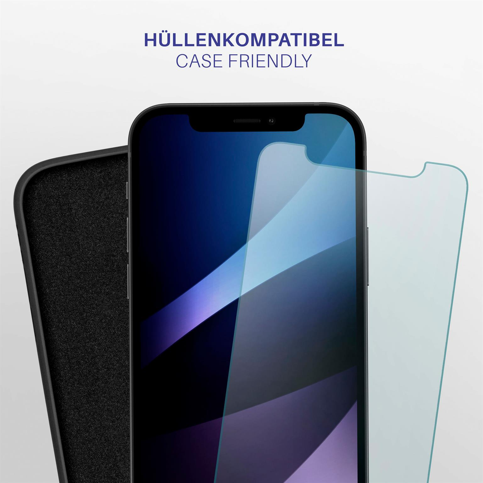 Telefon mit Displayschutzfolie und Hülle daneben. Text: Hüllenkompatibel.