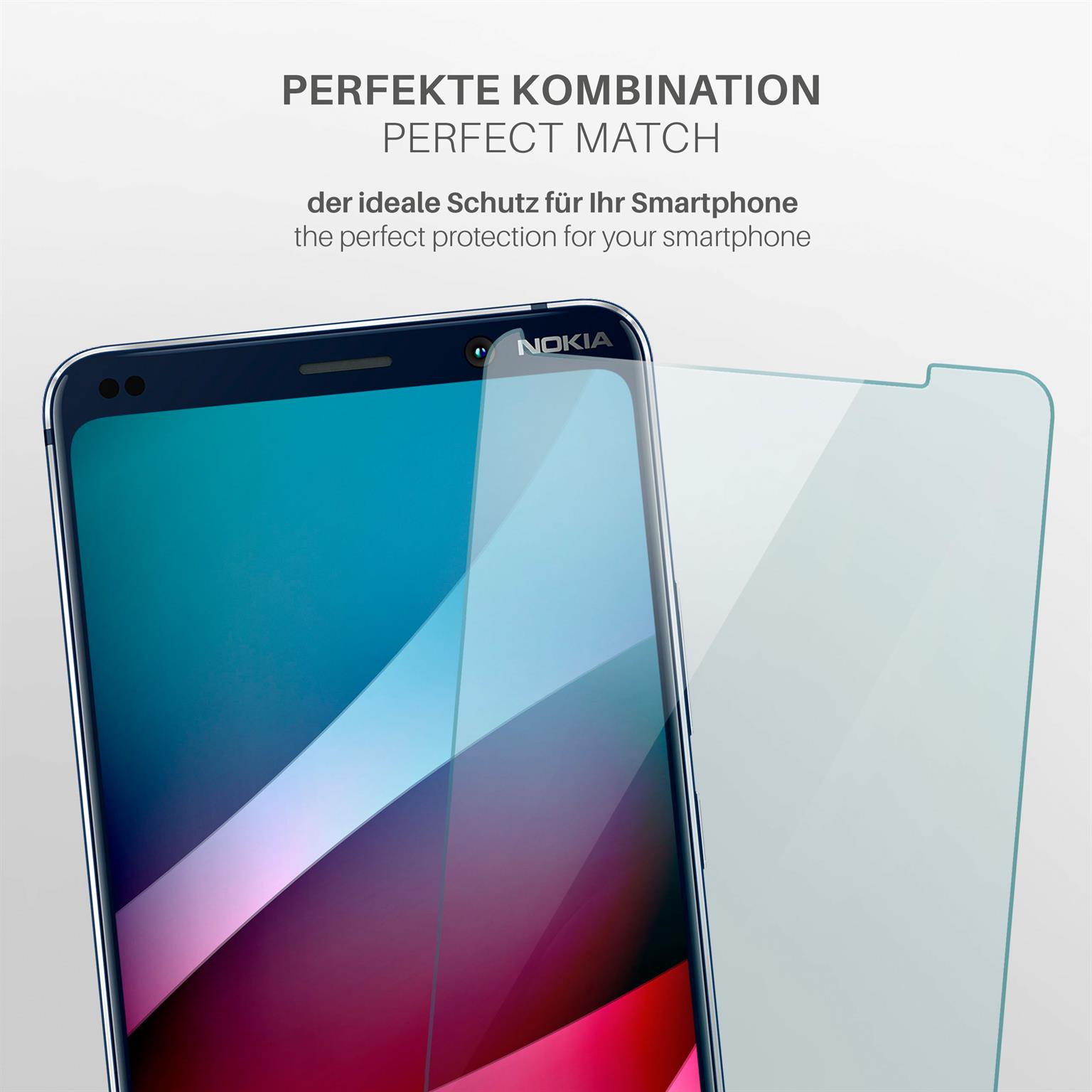 Nokia-Telefon mit angebrachtem Displayschutz. Eine perfekte Übereinstimmung. Zeigt den Schutz und das Telefon.