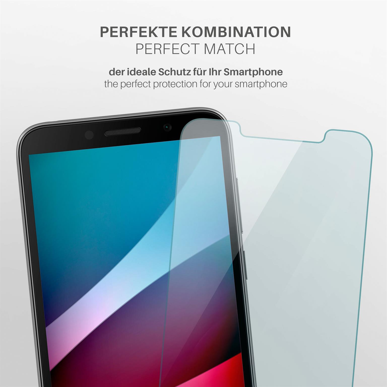 Smartphone und Displayschutzfolie, mit Text: Perfekte Kombination und perfekter Schutz.