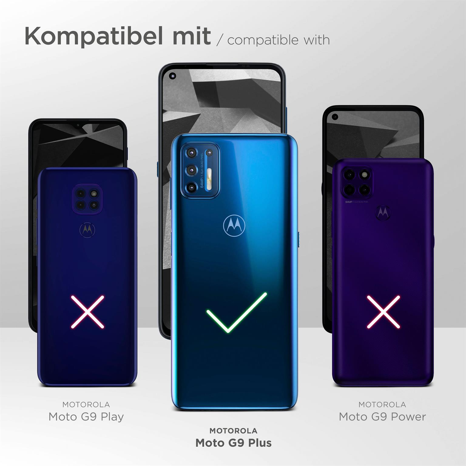 Drei Smartphones, die die Kompatibilität mit Moto G9 Play, G9 Plus und G9 Power zeigen.
