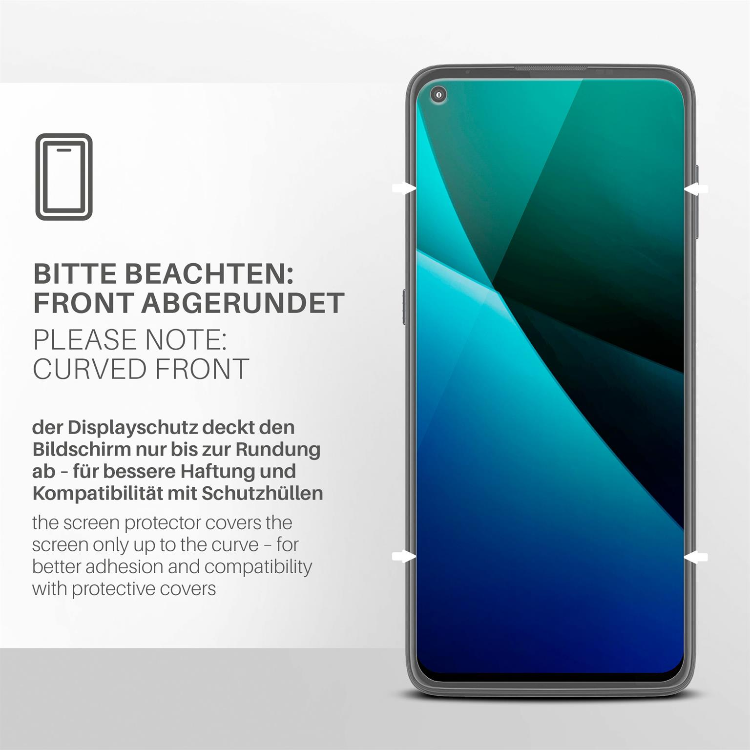 Ein Telefon mit angebrachtem gebogenen Displayschutz, mit Text und Pfeilen.
