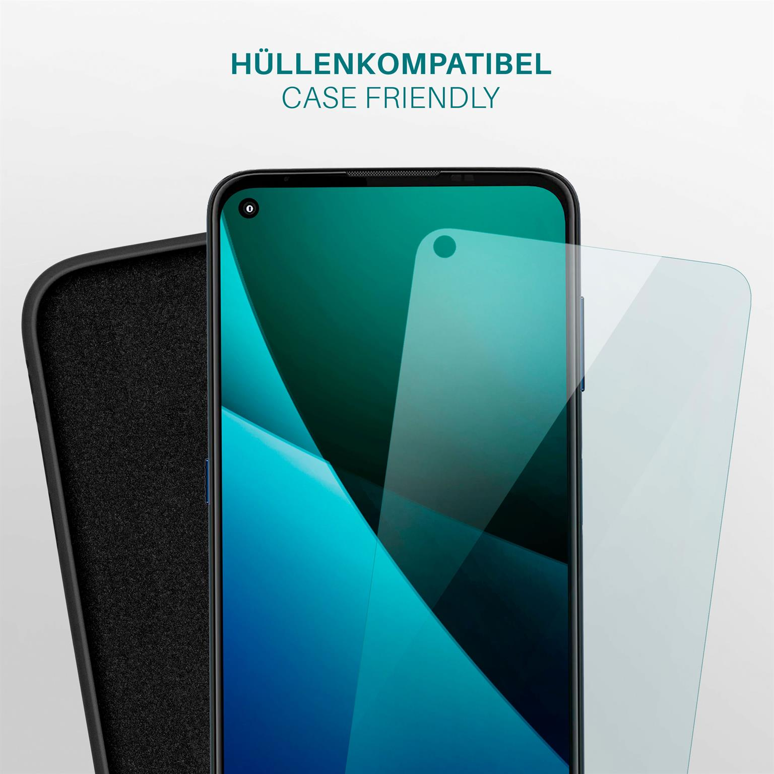 Smartphone mit Displayschutzfolie und Hülle. Text: Gehäusefreundlich. Grüner Bildschirm.