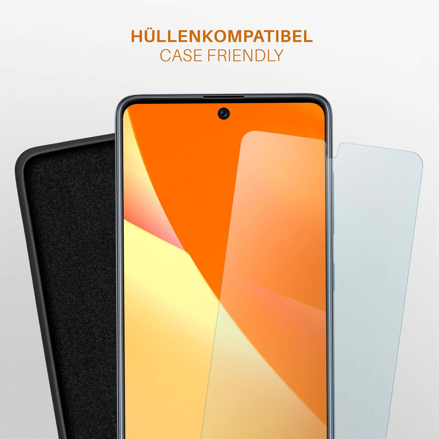 Telefon mit Displayschutz und Hülle. Text: Hüllenfreundlich. Telefon mit orangefarbenem Bildschirm.