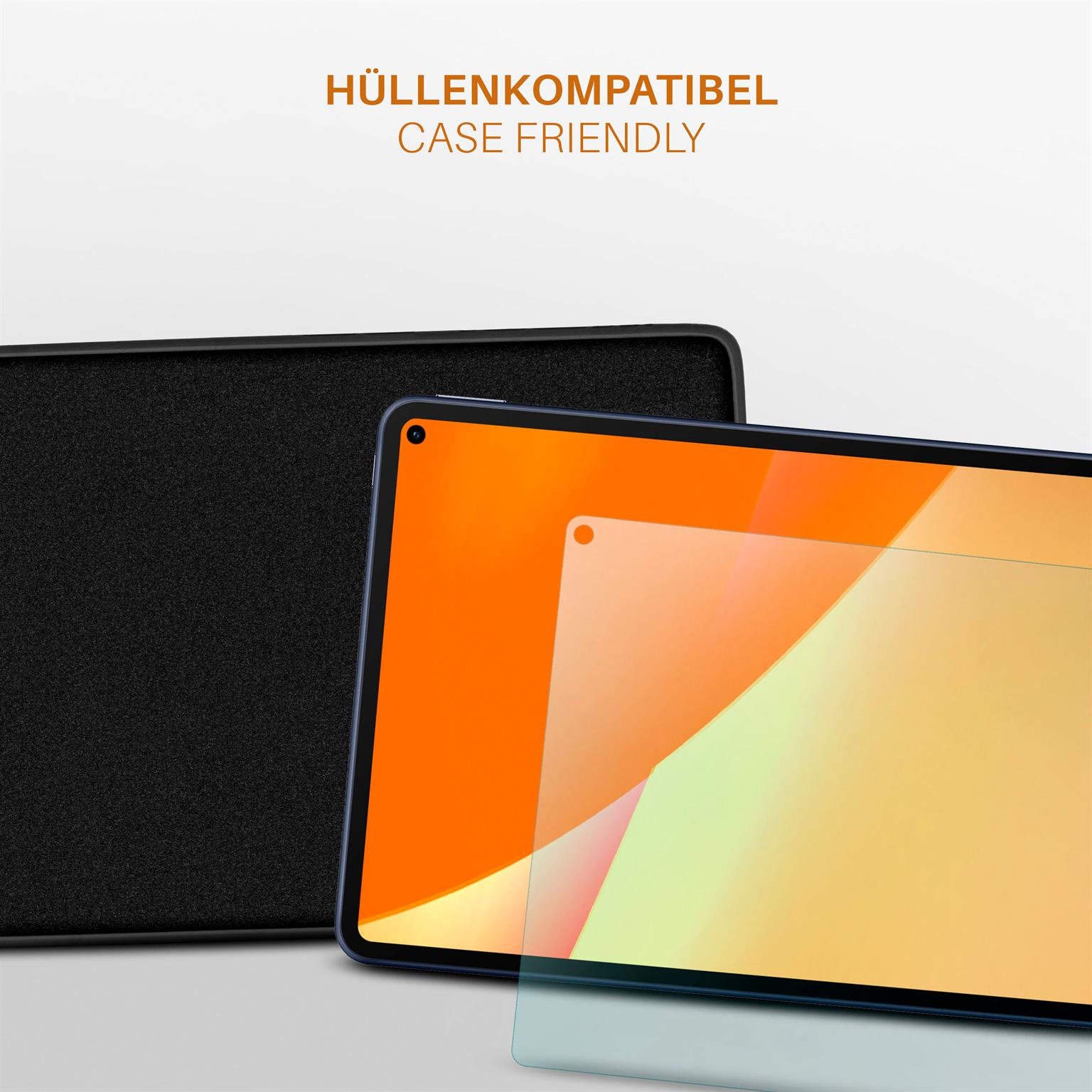 Ein Tablet mit Displayschutzfolie und schwarzem Gehäuse. Der Tablet-Bildschirm ist orange und gelb.