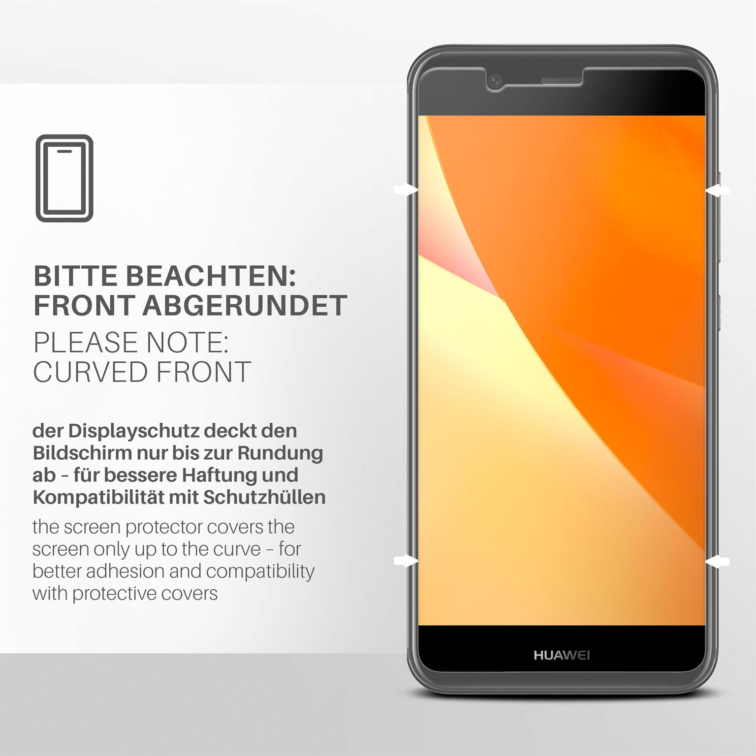 Smartphone mit Displayschutzfolie, abgerundete Front. Informationstext zur Displayschutzabdeckung und Krümmung.