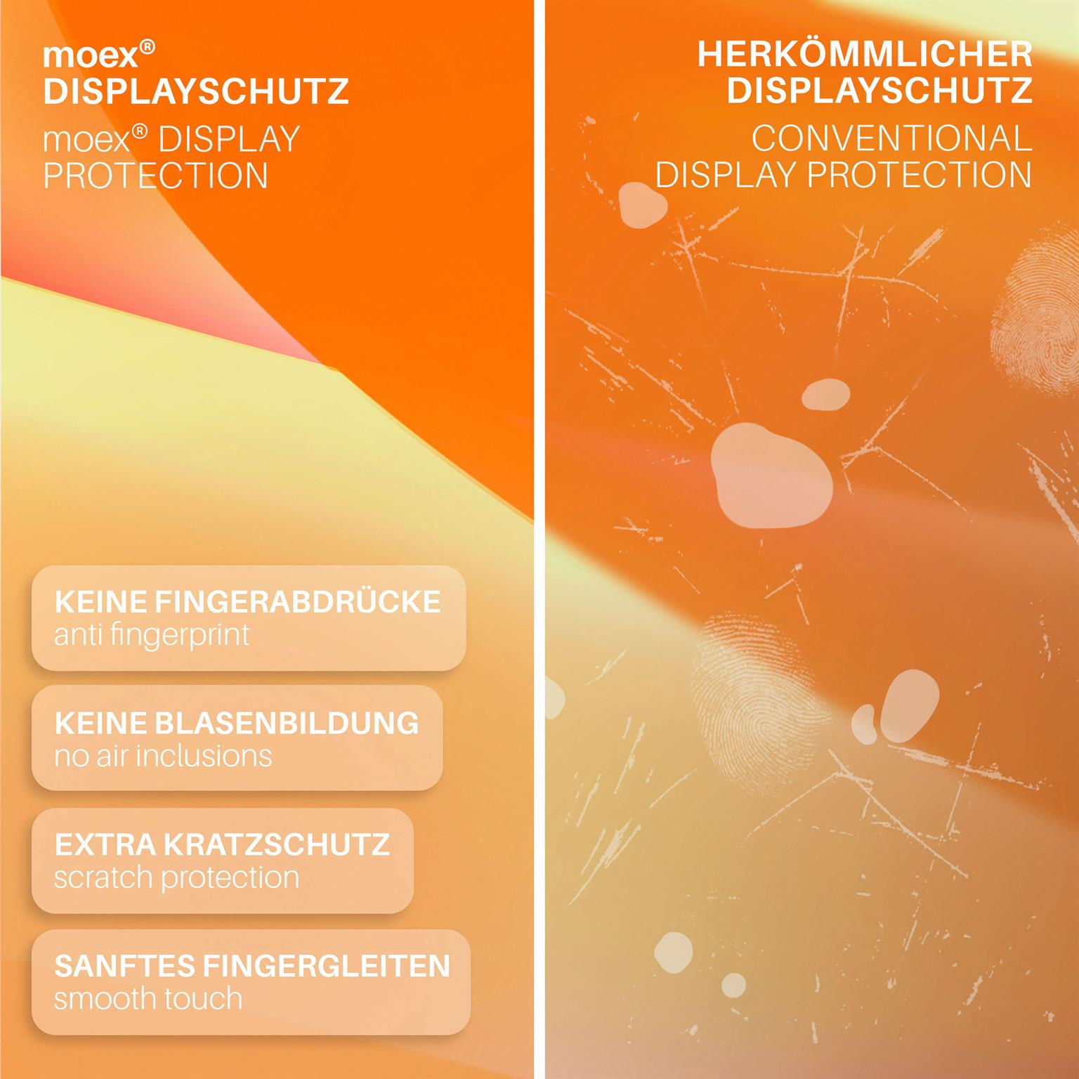 Vergleich von Displayschutzfolien: links - neu, rechts - alt, mit Fingerabdrücken und Defekten.