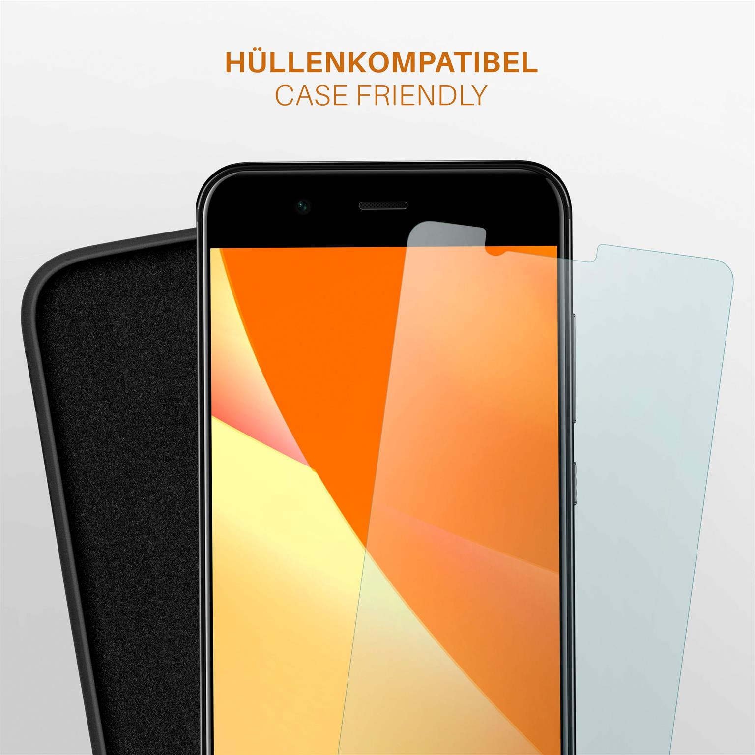 Ein Telefon mit Displayschutzfolie in einer schwarzen Hülle, betont das hüllenfreundliche Design für eine einfache Nutzung.