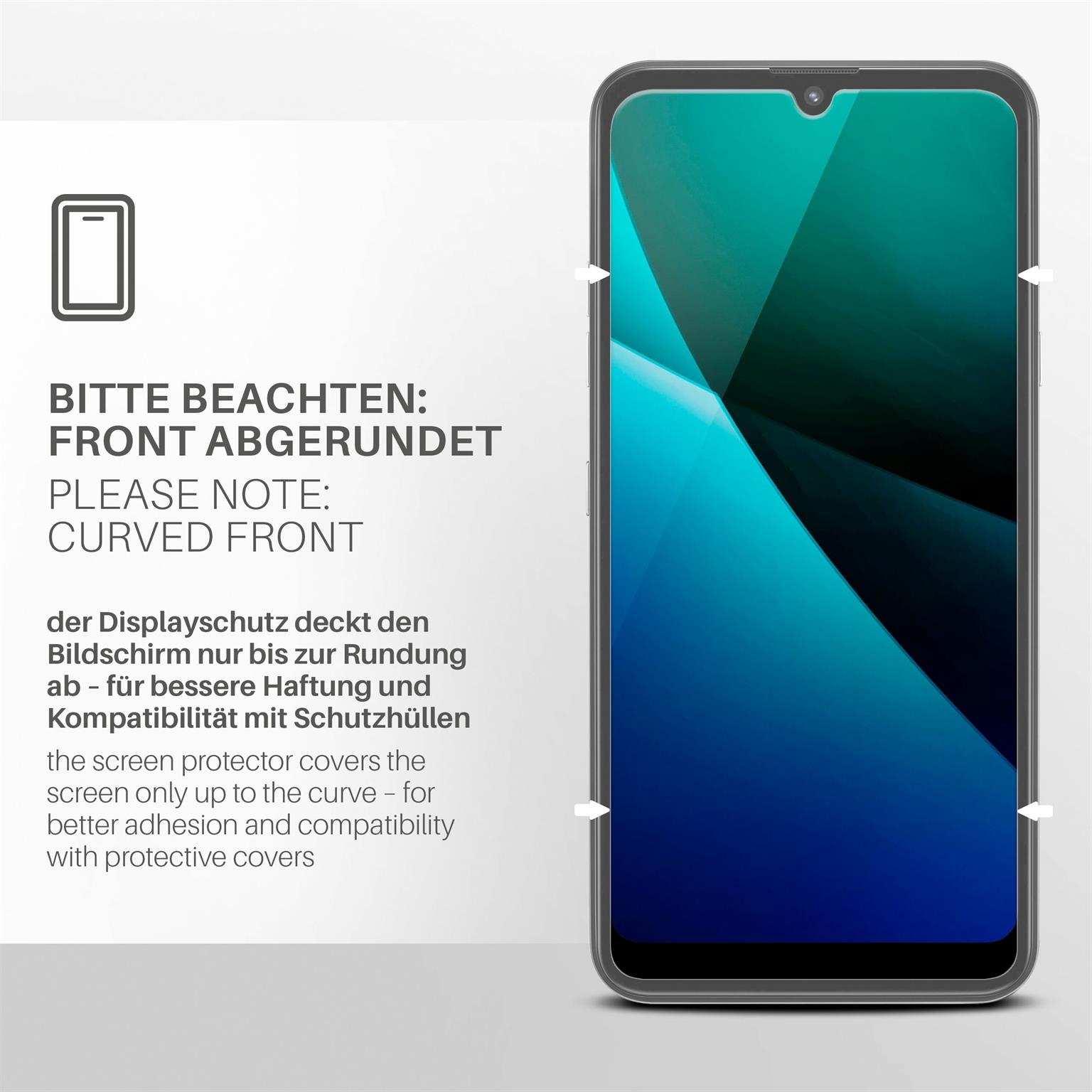 Smartphone mit aufgebrachter Displayschutzfolie. Hinweis: Abgerundete Front. Der Schutz bedeckt nur bis zur Rundung.