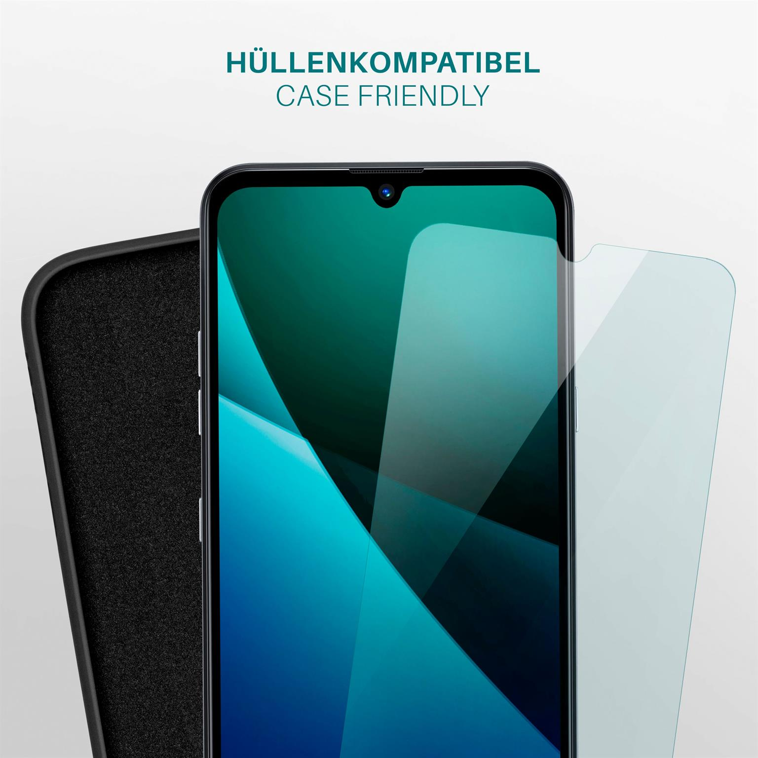 Telefon, Displayschutzfolie und Hülle. Displayschutzfolie wird angebracht. Text oben besagt: Hüllenkompatibel.