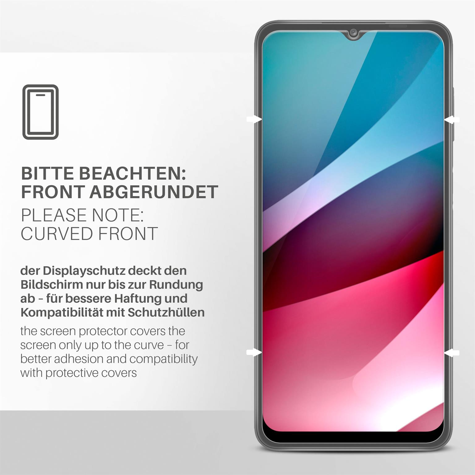 Telefon mit Displayschutz. Text: Abgerundete Front. Hintergrund: Weiß. Schutz deckt Bildschirm ab.