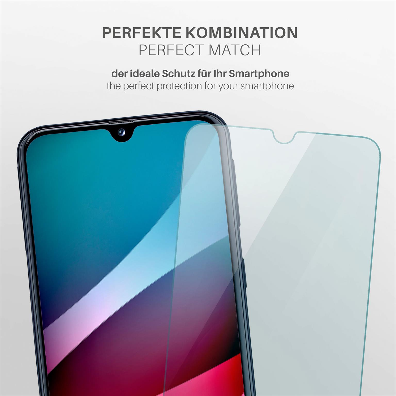 Smartphone und Displayschutz, perfekte Übereinstimmung, zeigt Handy-Bildschirm.