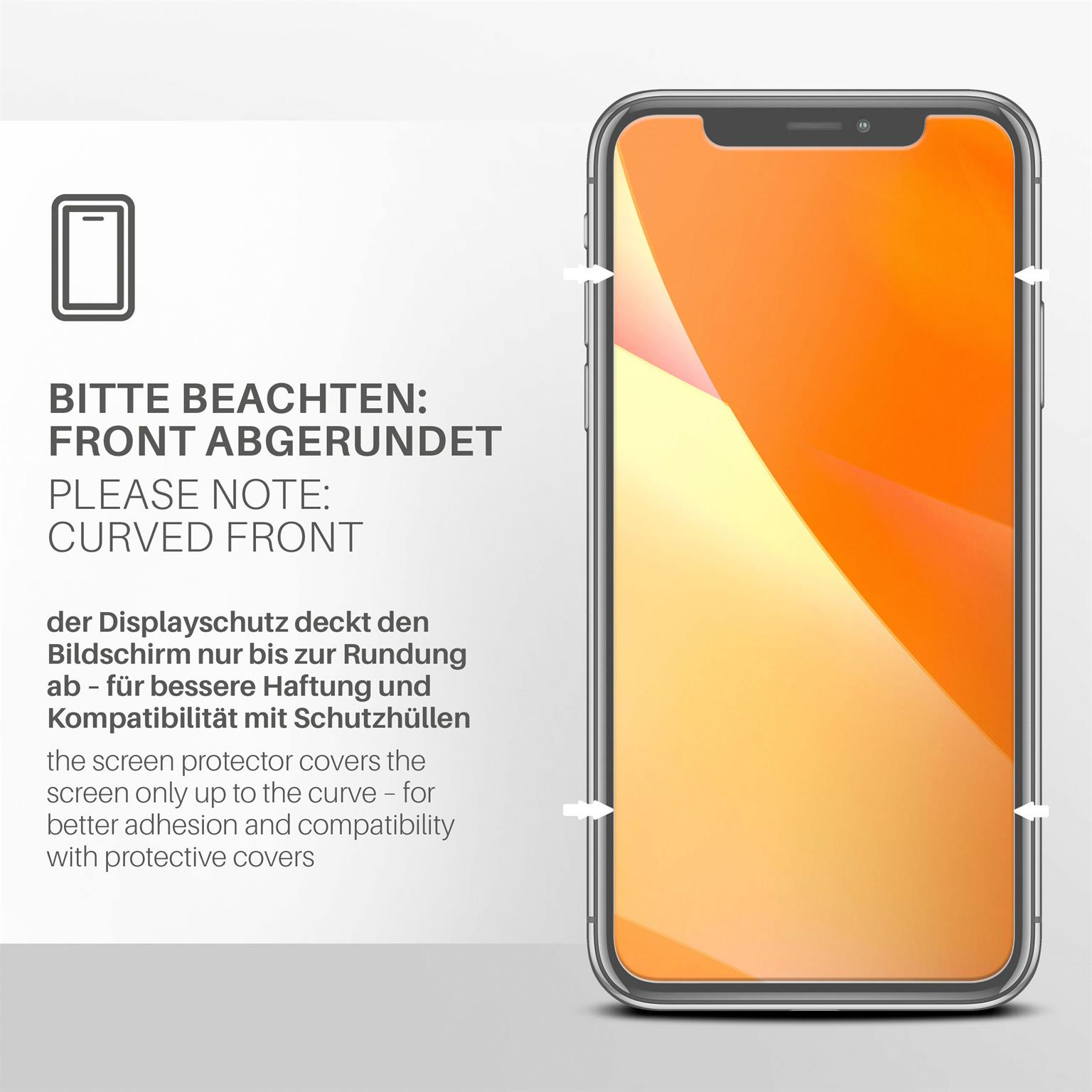 Telefon mit Displayschutz, Text: 'Curved Front'. Pfeile zeigen Bildschirmabdeckung. Weißer Hintergrund.