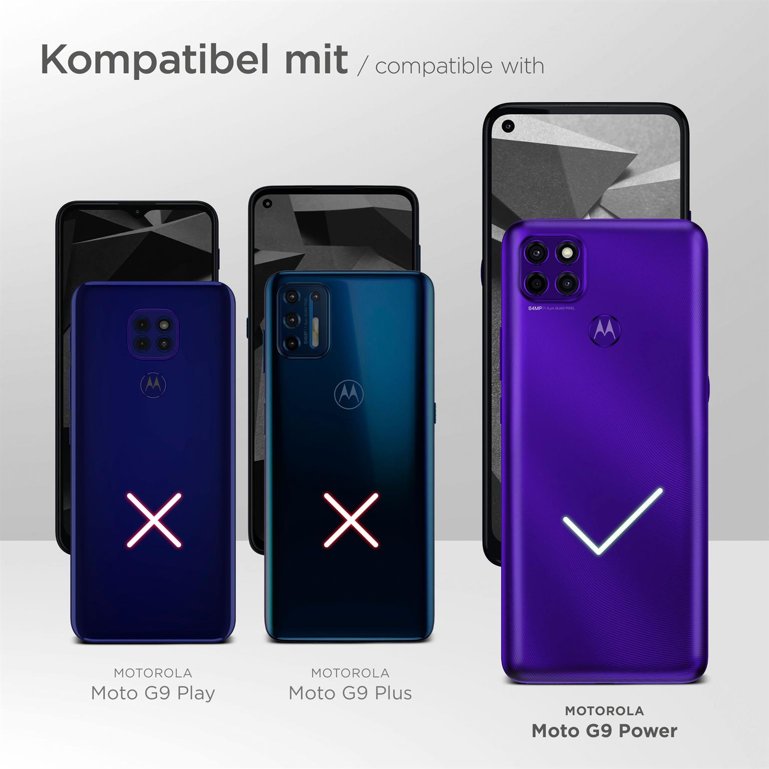 Drei Telefone in Hüllen. Eines ist kompatibel und mit einem Häkchen markiert. Andere nicht. Text: Kompatibel mit.