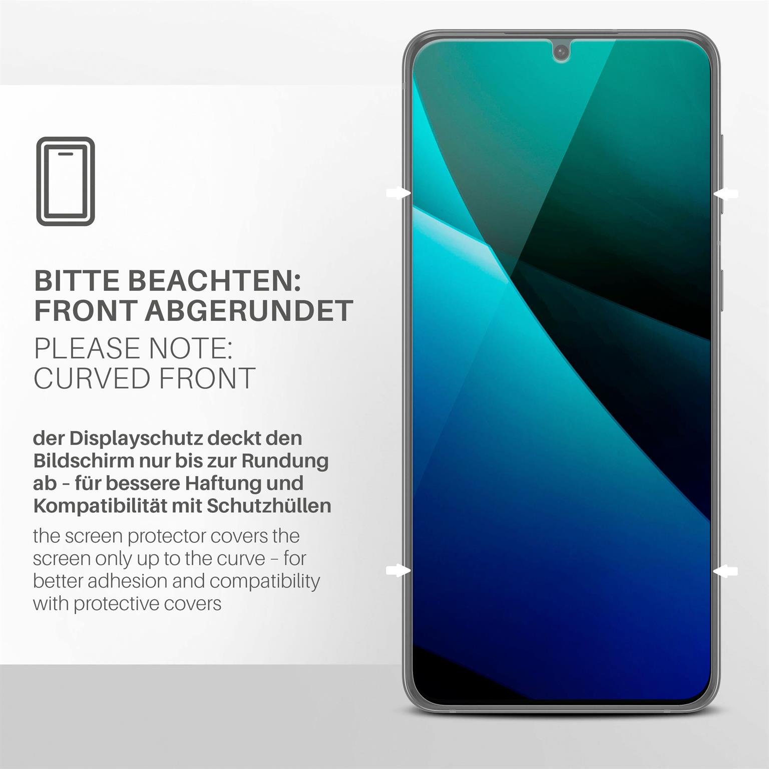 Ein Telefon mit angebrachter Displayschutzfolie mit abgerundeten Kanten.