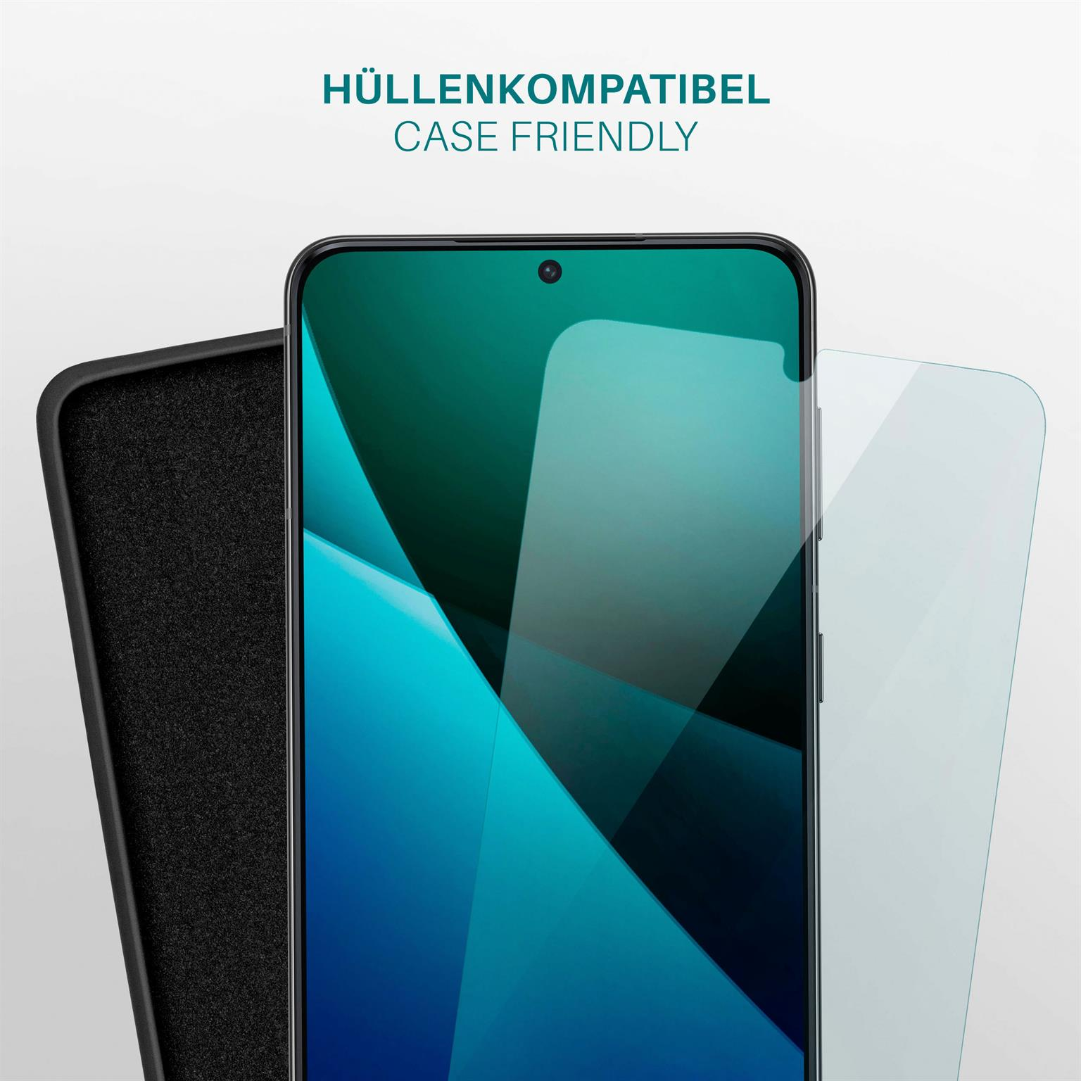 Smartphone mit Schutzfolie und Hülle. Der Bildschirm zeigt blaue Grafiken. Die Hülle ist schwarz, die Folie transparent.