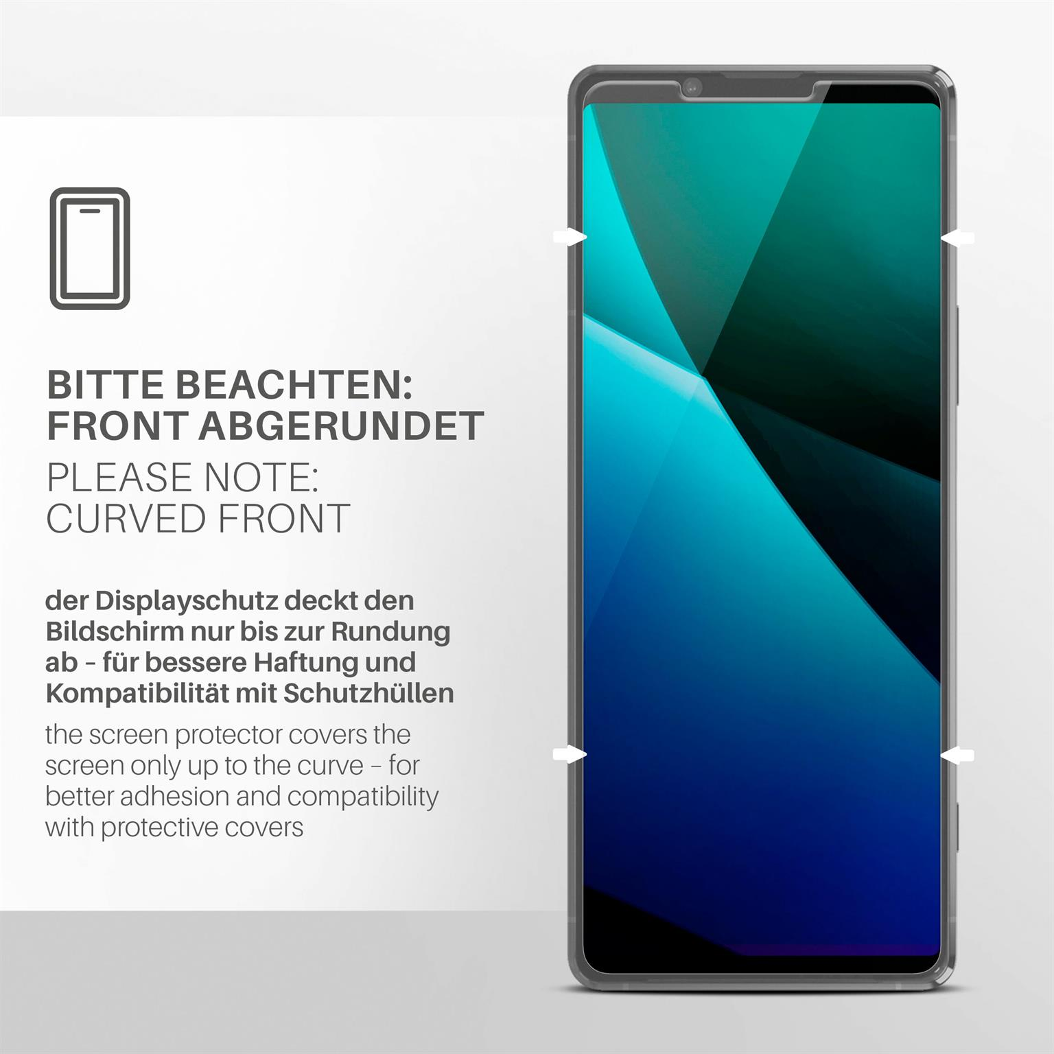 Ein Telefon mit angebrachtem gebogenen Displayschutz, mit Text und Pfeilen.