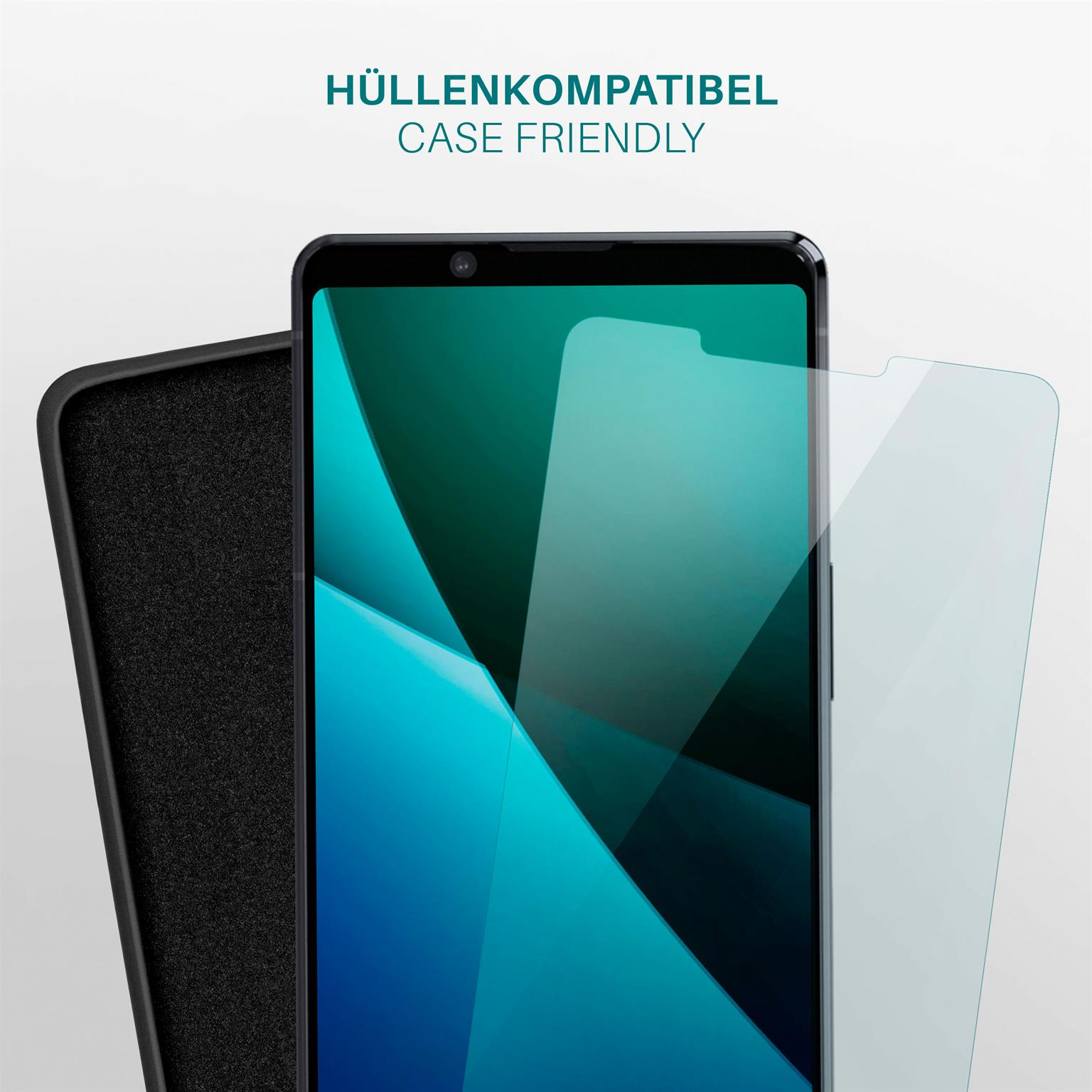 Smartphone mit Displayschutz neben einer schwarzen Handyhülle. Der Bildschirm zeigt ein türkisblaues Design.