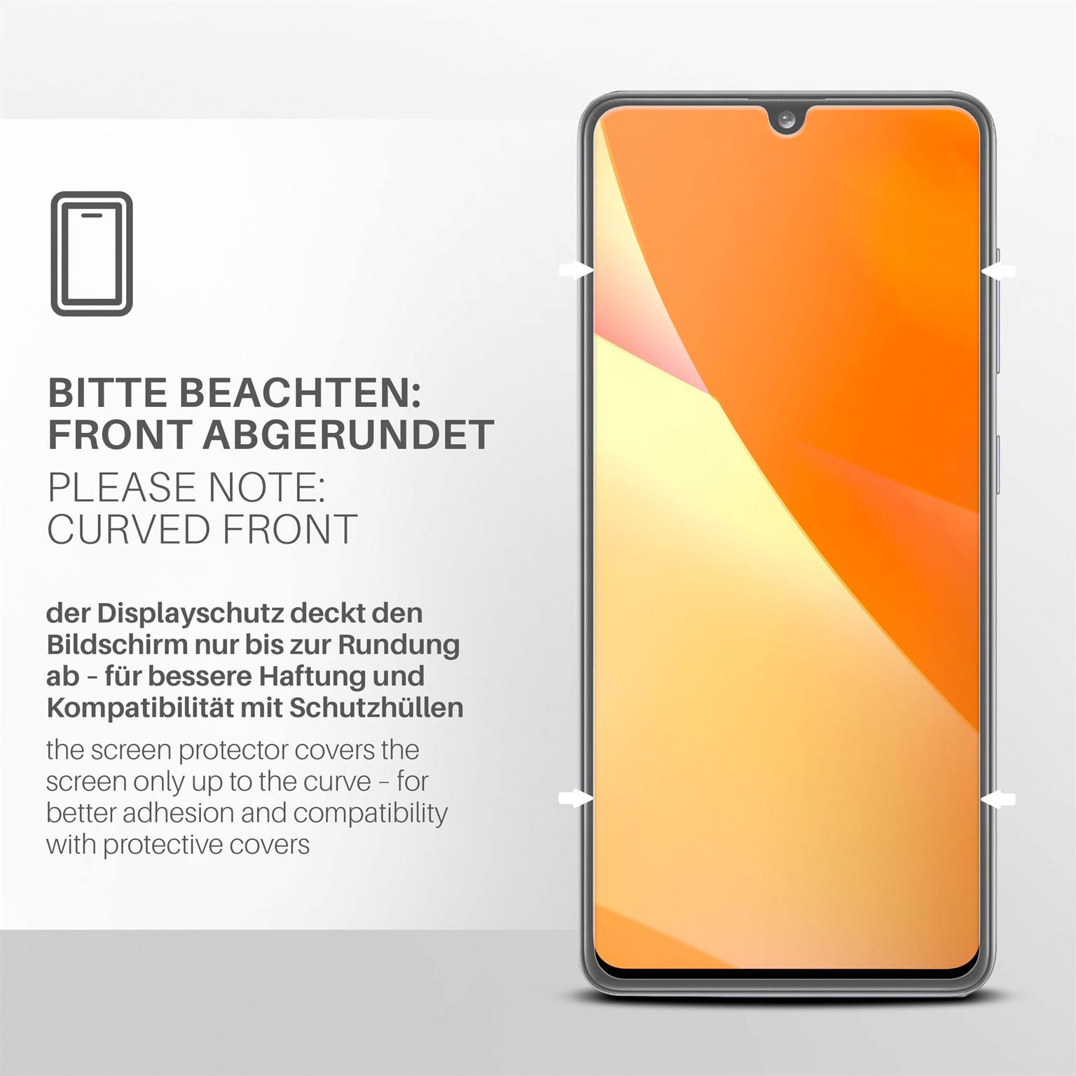 Ein Telefonbildschirm mit orangefarbenem Hintergrund, Text oben und unten sowie weißen Pfeilen an den Rändern.