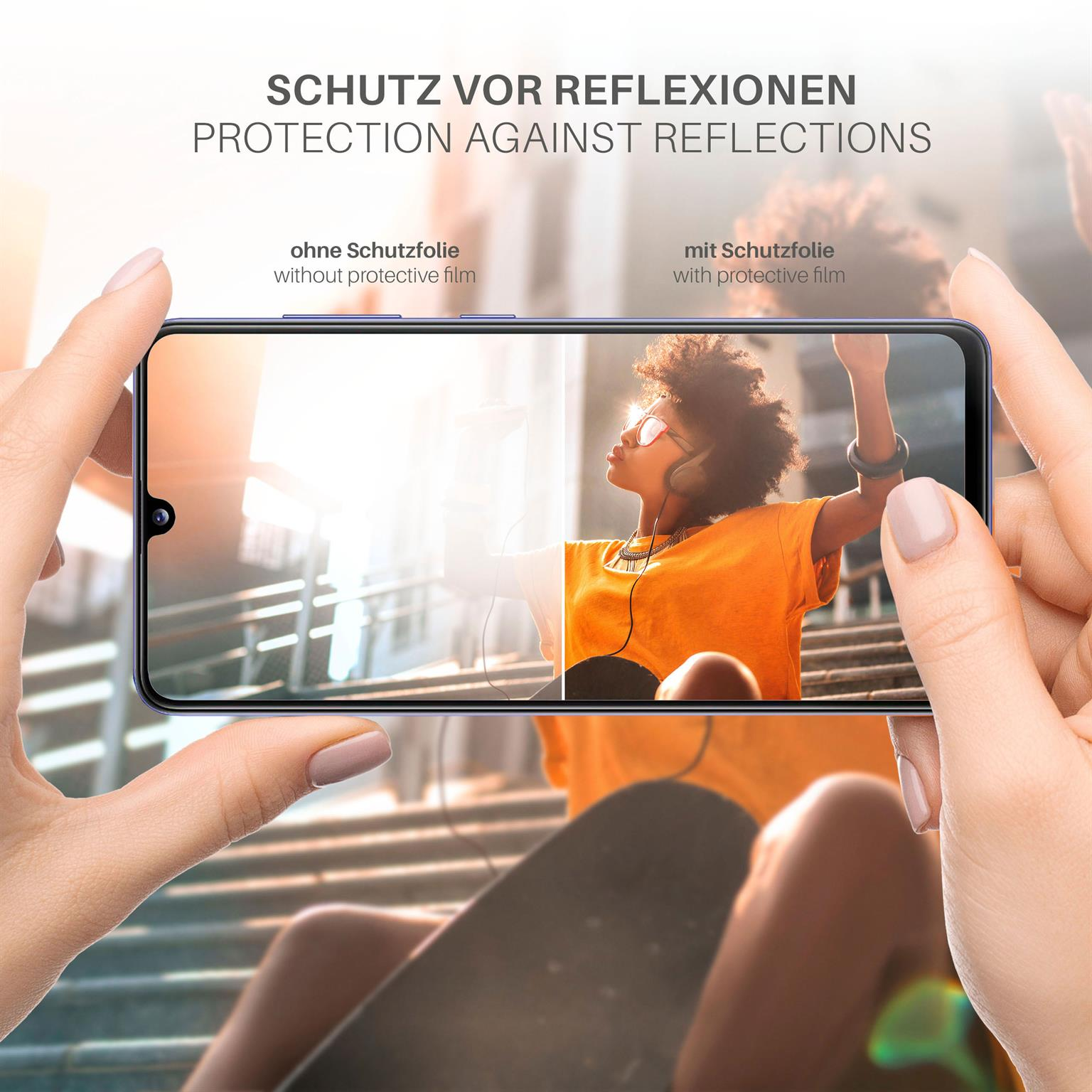 Telefonschirm zeigt eine Frau mit Kopfhörern. Text auf Deutsch: Schutz vor Reflexionen.