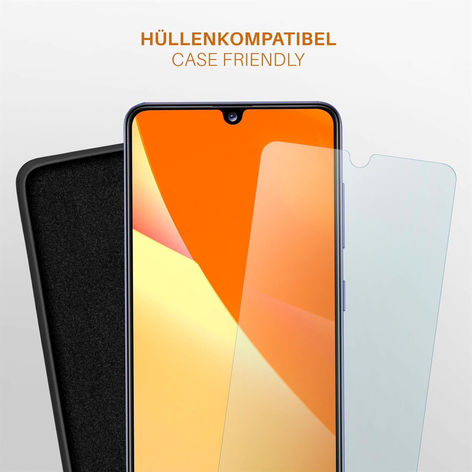 Telefon mit Displayschutz und Hülle. Hülle ist schwarz, Telefon ist orange. Schutz ist transparent. Text: Case friendly.